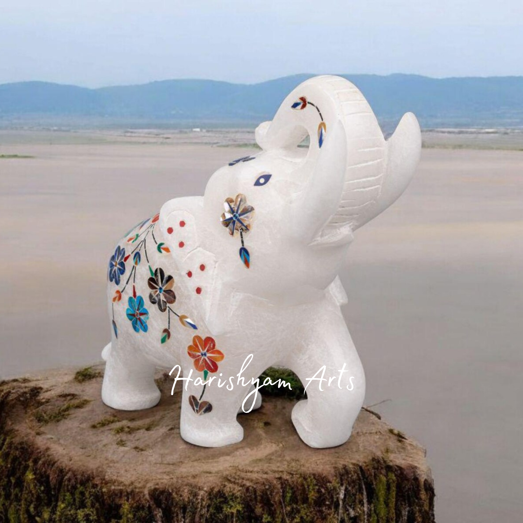 Marble Elephant Statue with Inlay Work Handcrafted Precious Stone Art1