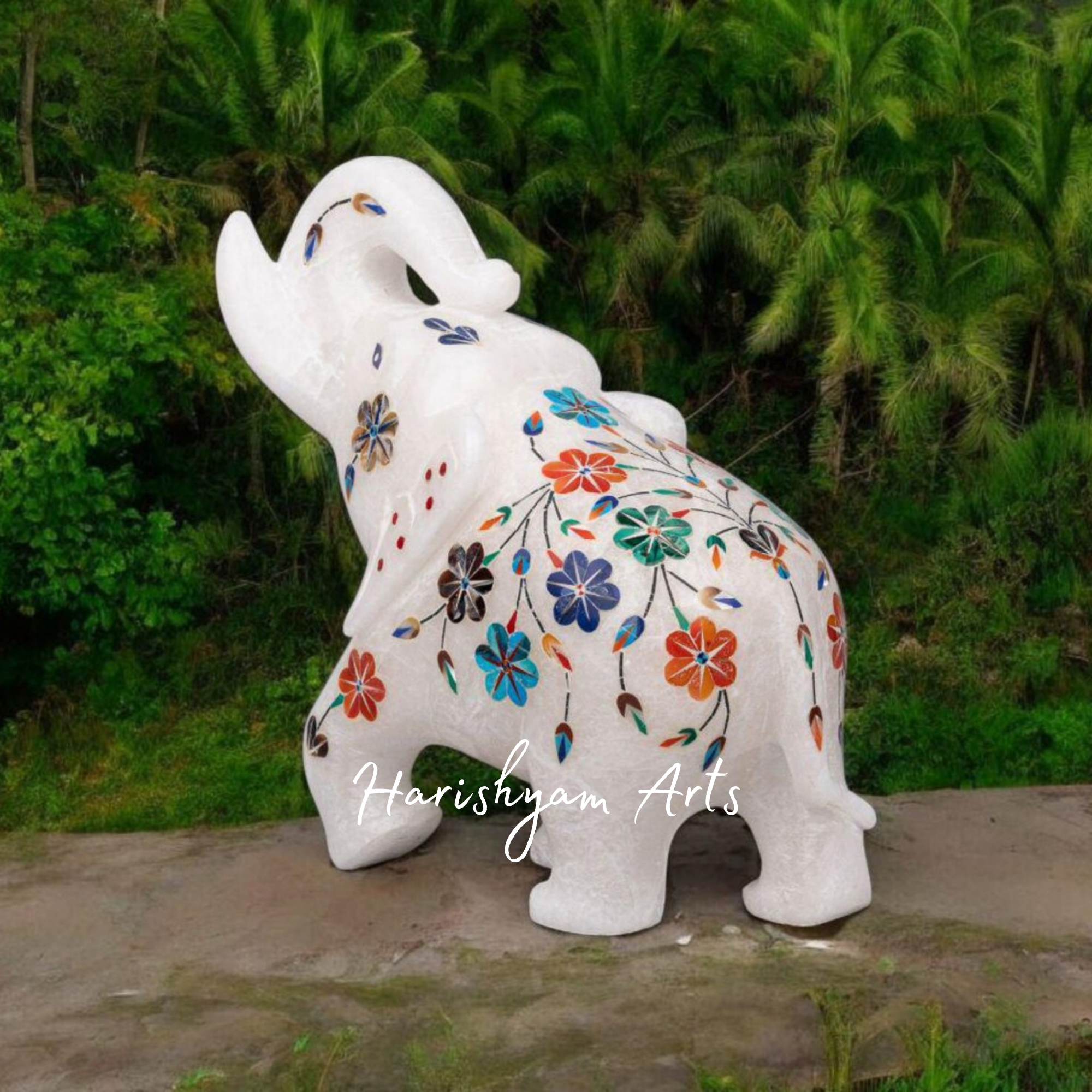 Marble Elephant Statue with Inlay Work Handcrafted Precious Stone Art2