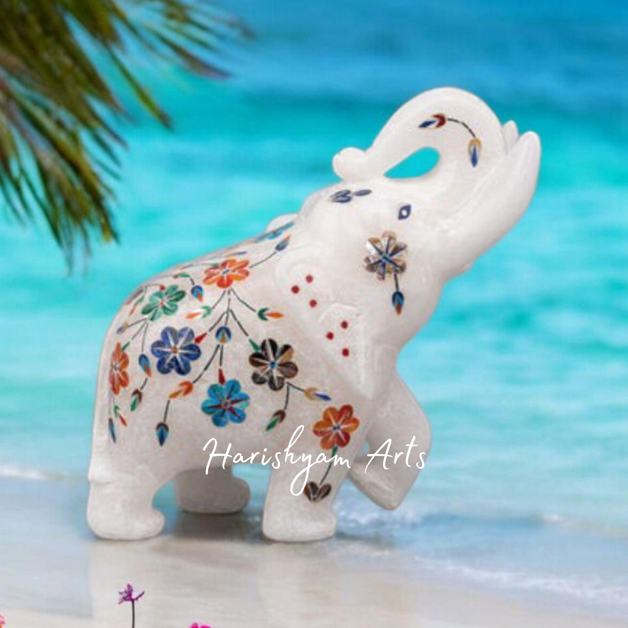 Marble Elephant Statue with Inlay Work Handcrafted Precious Stone Art3