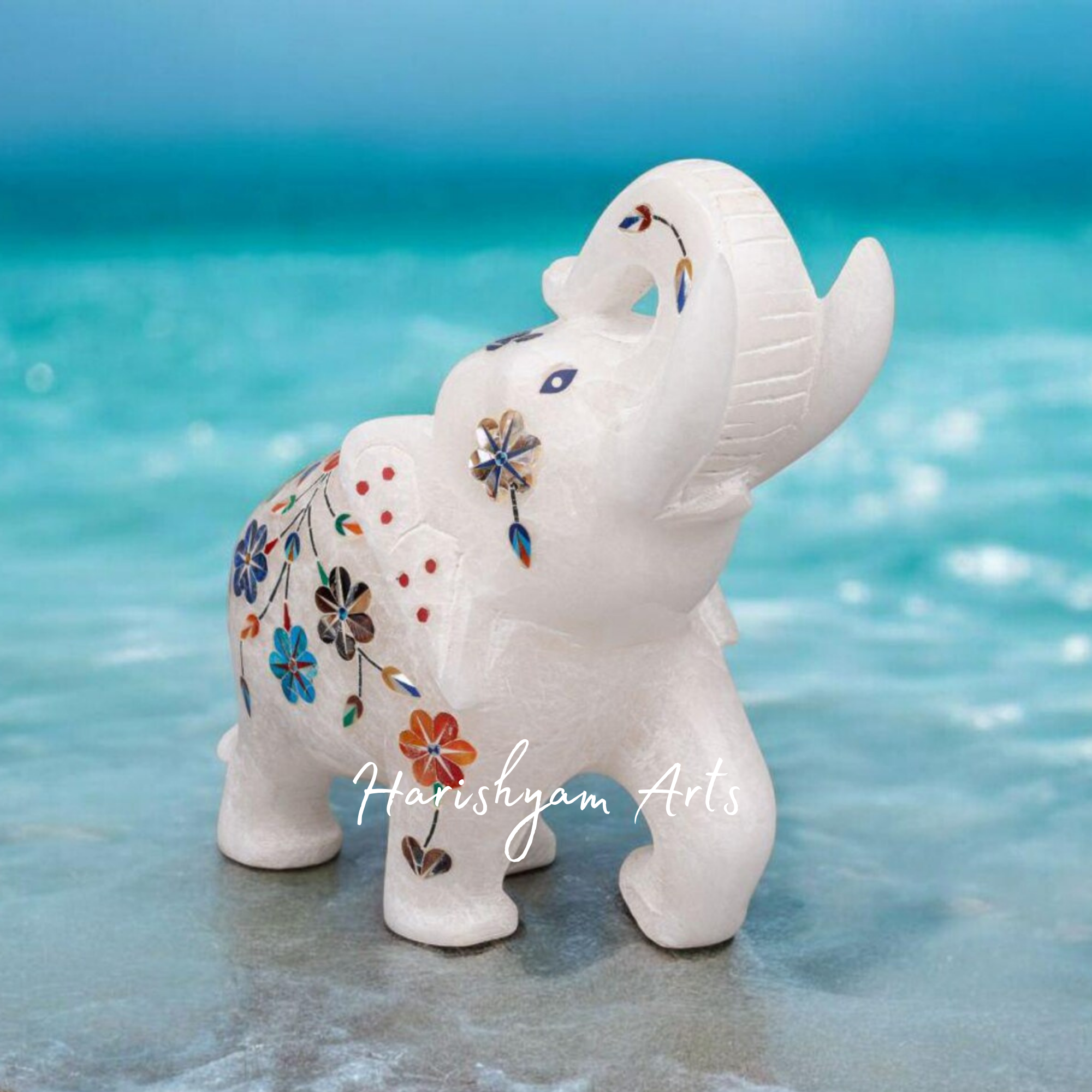 Marble Elephant Statue with Inlay Work Handcrafted Precious Stone Art4