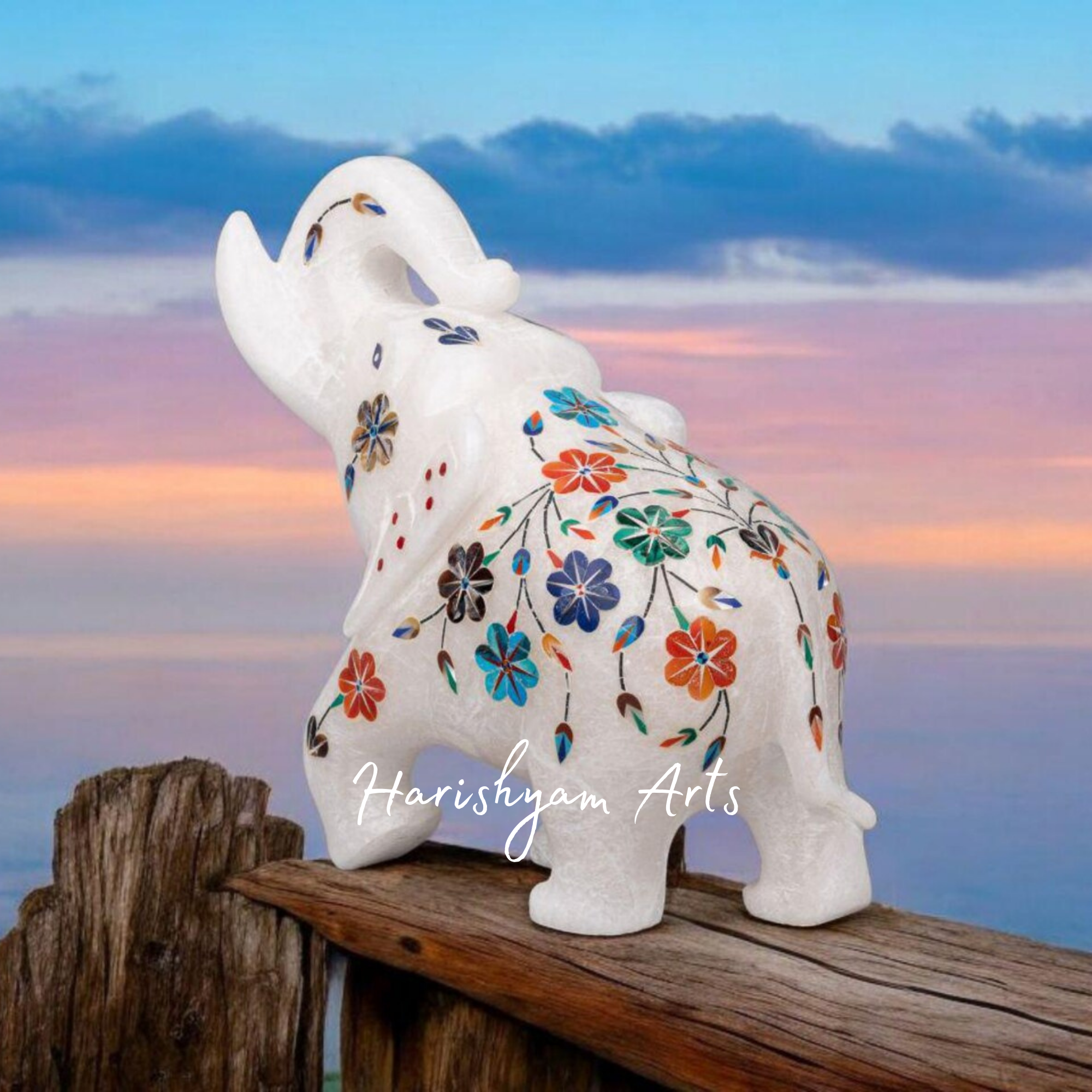 Marble Elephant Statue with Inlay Work Handcrafted Precious Stone Art5
