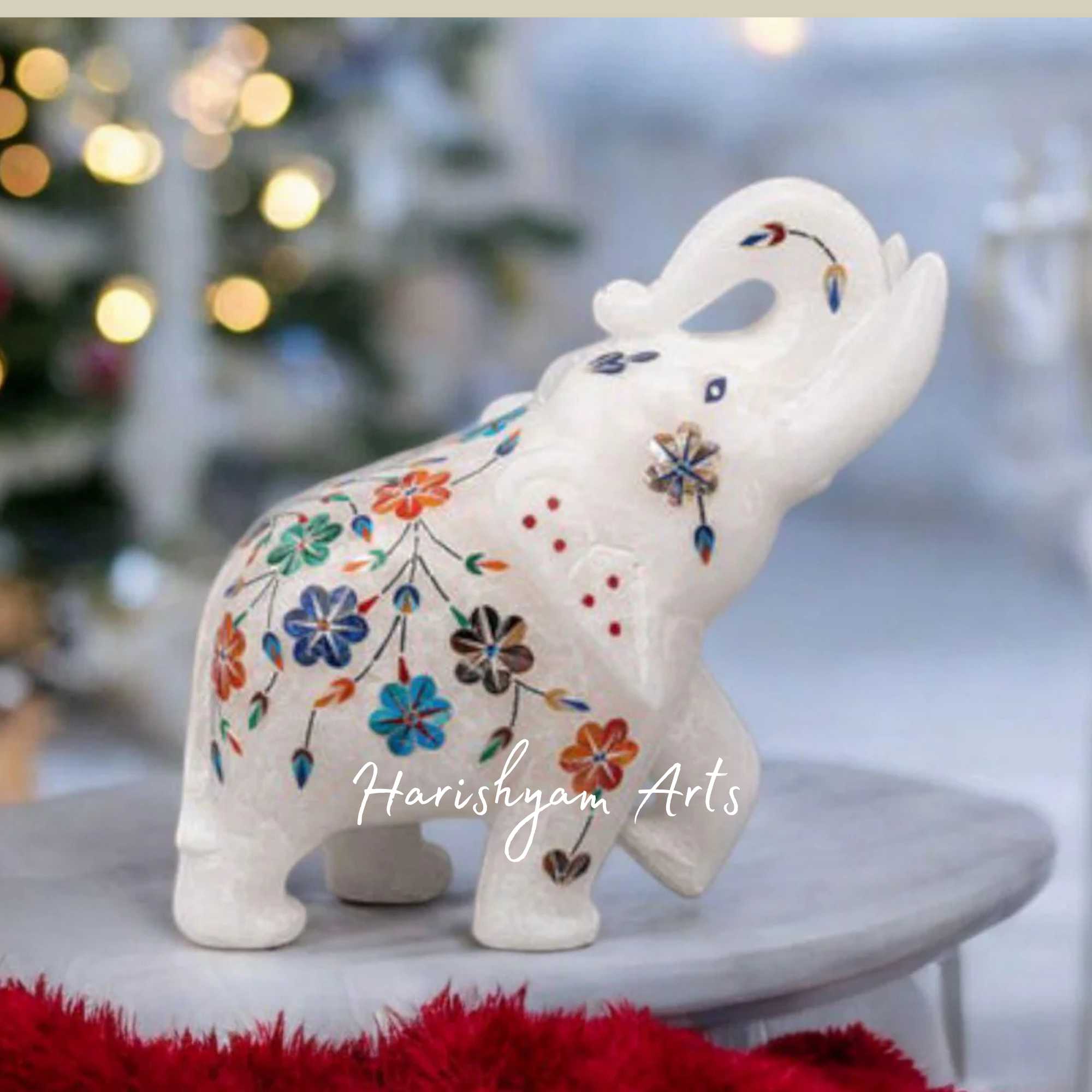Marble Elephant Statue with Inlay Work Handcrafted Precious Stone Art