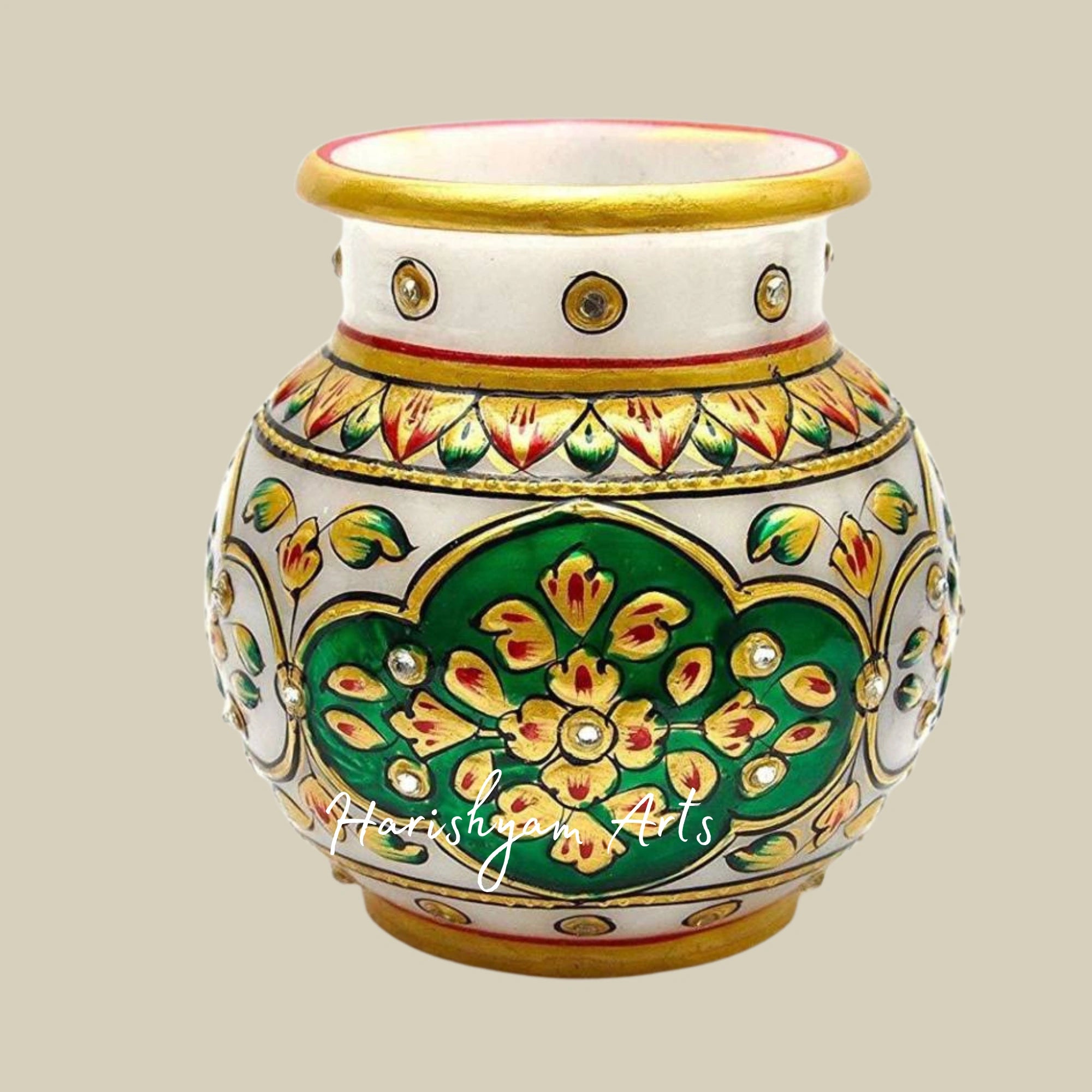 Marble Kalash Shape Pot with Multicolour Flower Design