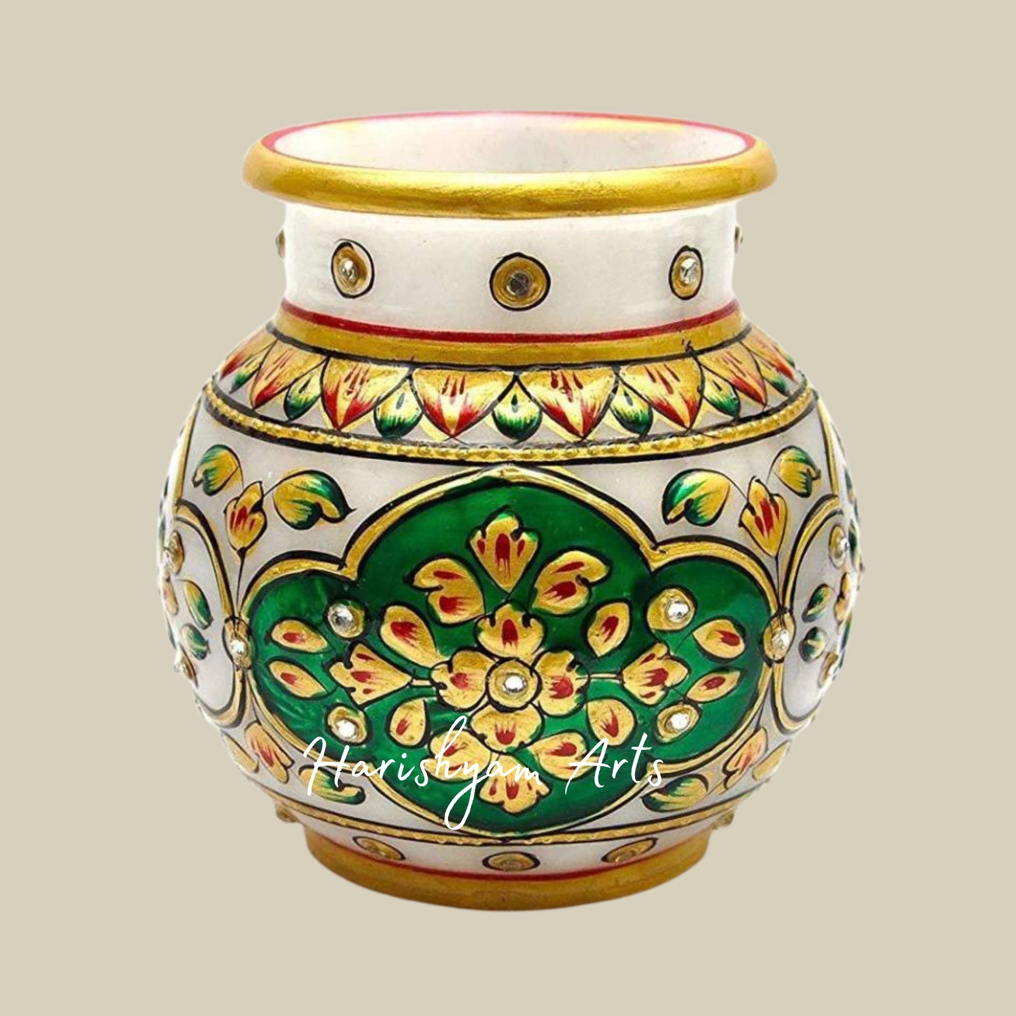Marble Kalash Shape Pot with Multicolour Flower Design