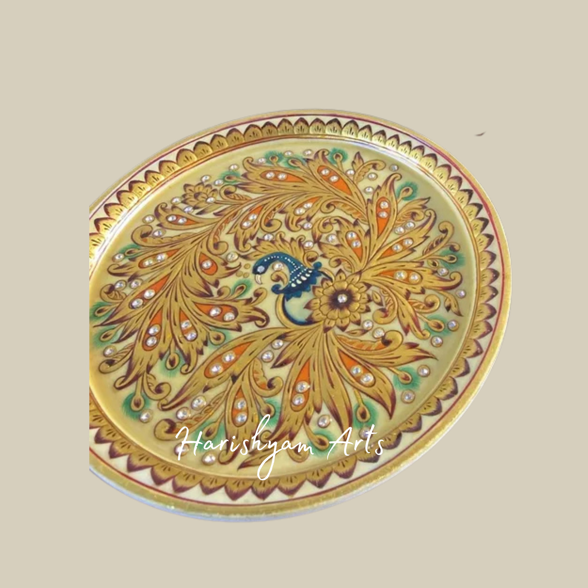 Marble Plate with Hand-Painted Embossed Gold Floral Design