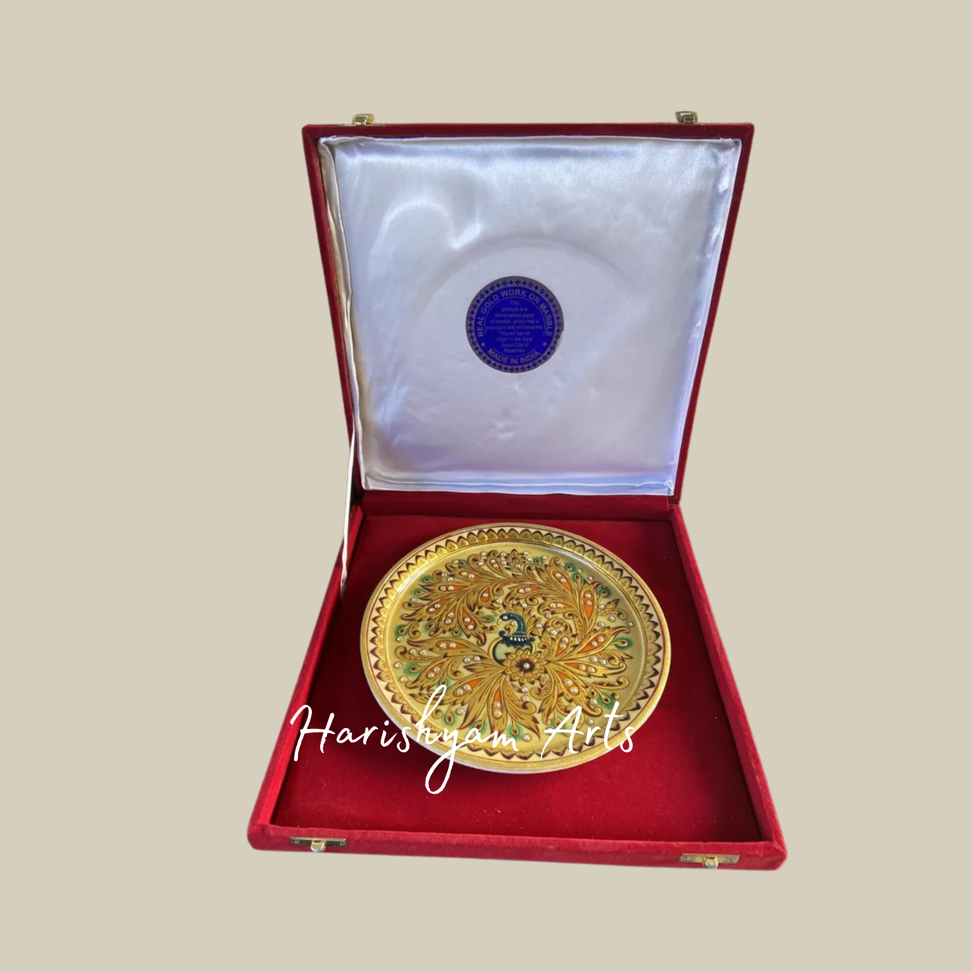Marble Plate with Hand-Painted Embossed Gold Floral Design