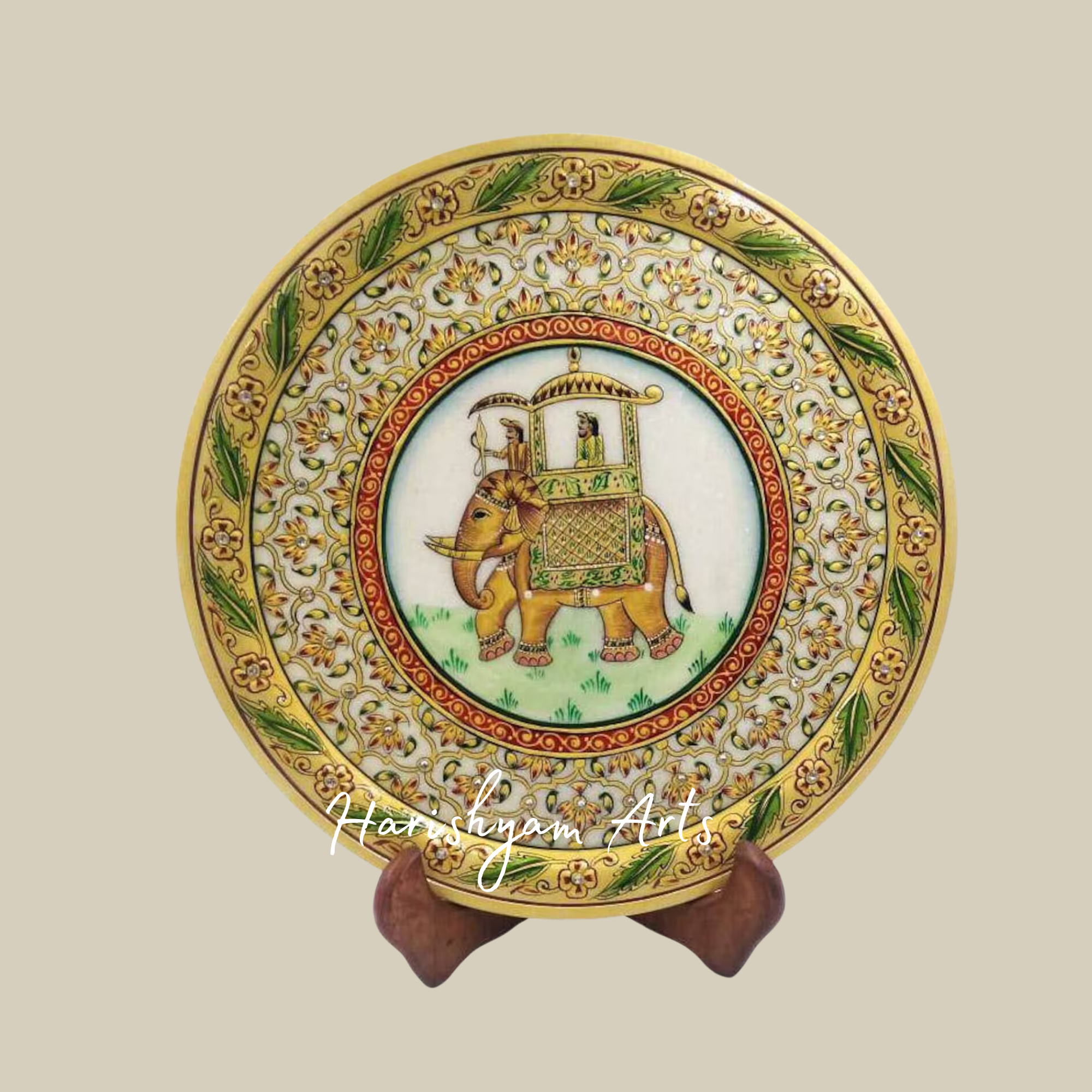 Marble Plate with Hand-Painted Embossed Gold Floral & Elephant Inlay Design
