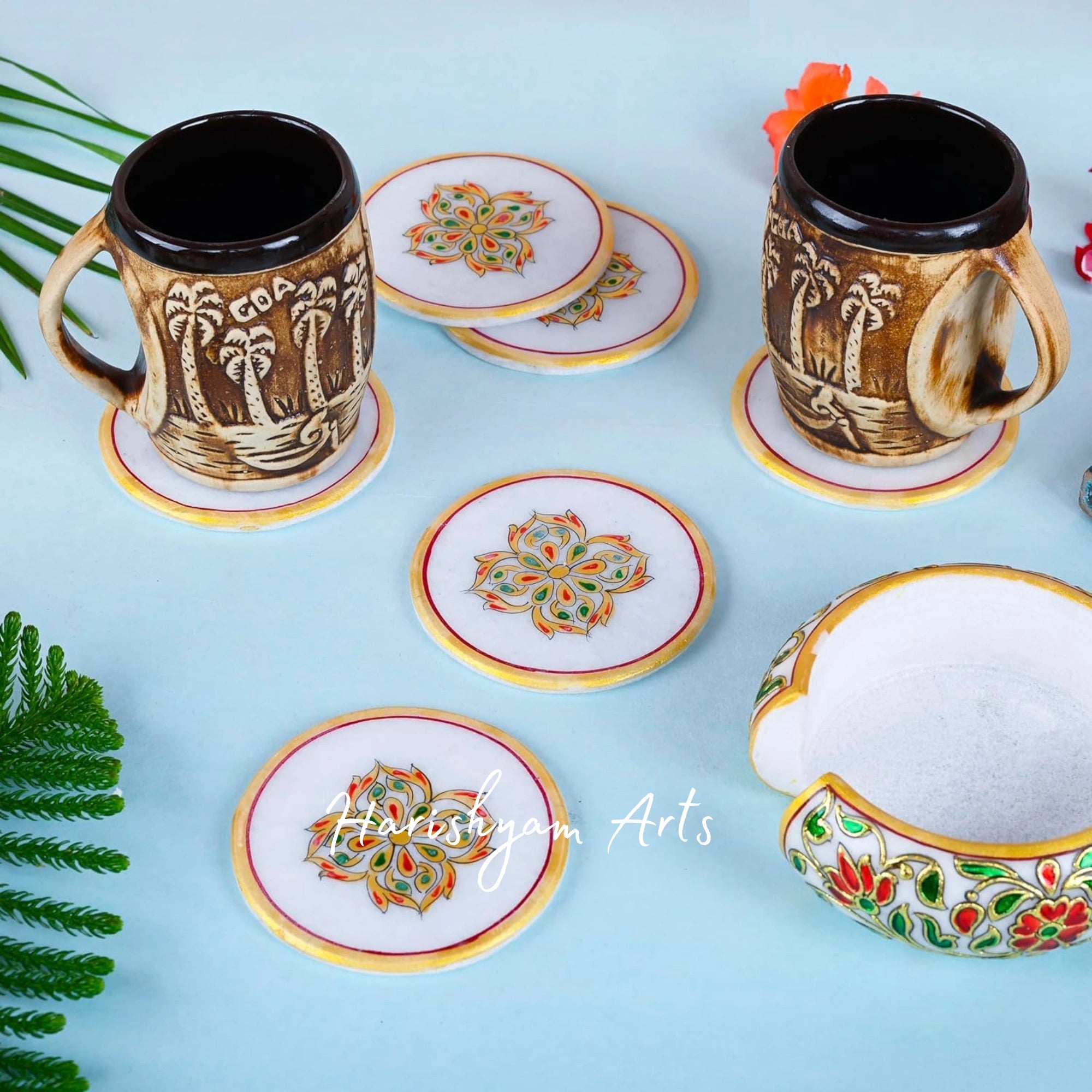 Marble Tea Coaster Set with Flower Design and Real Gold Hand Painting