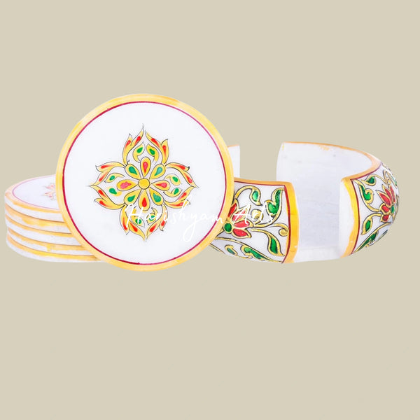 Marble Tea Coaster Set with Flower Design and Real Gold Hand Painting