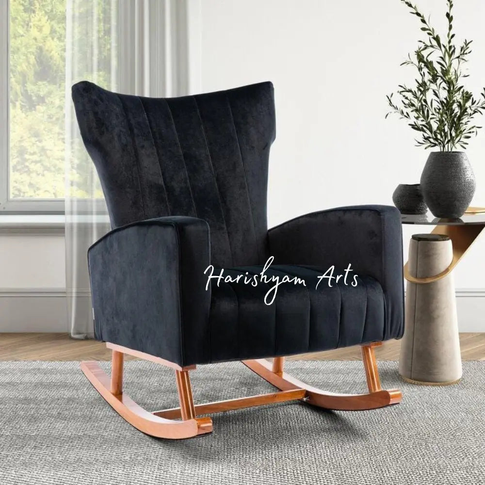 Midnight Elegance Black Velvet Rocking Chair