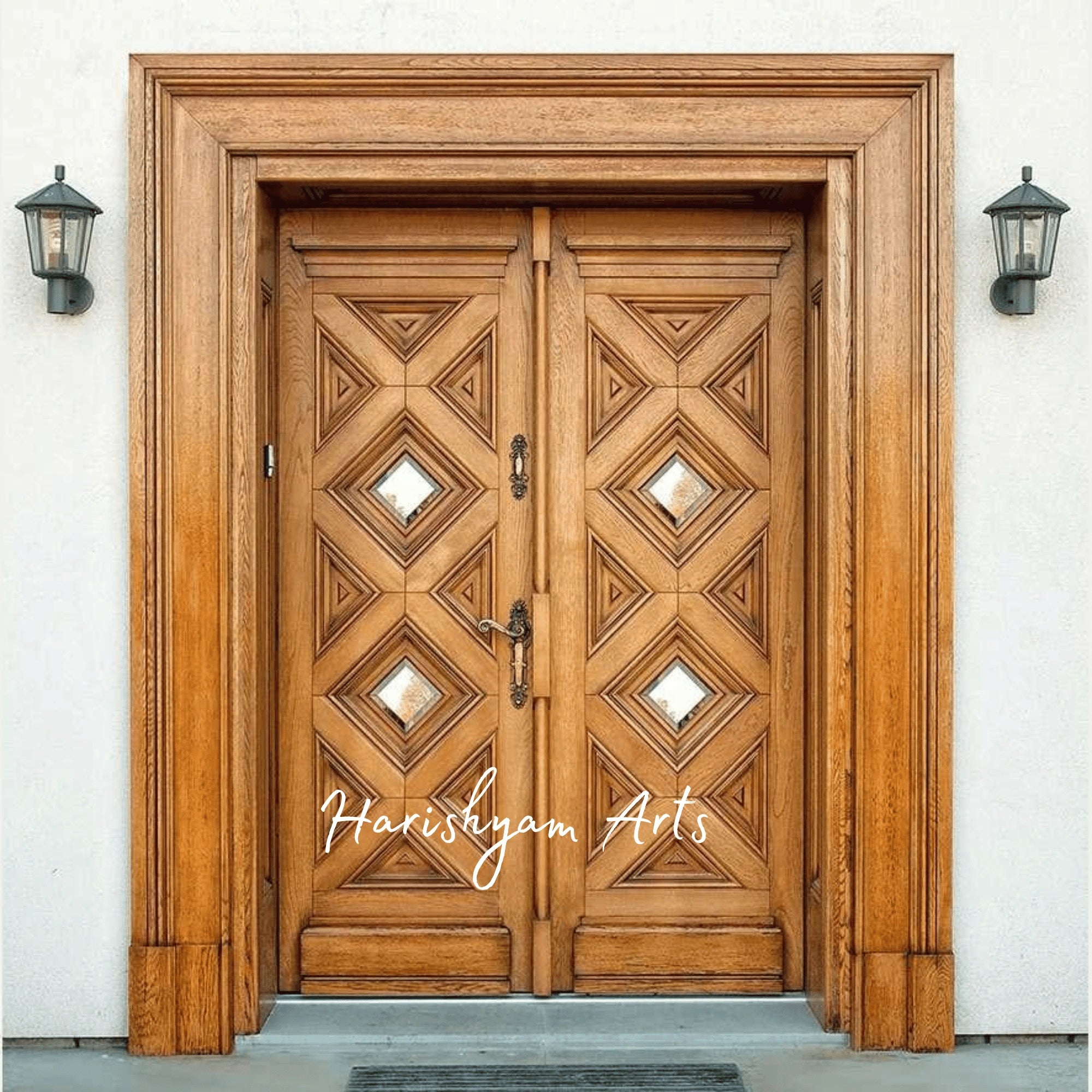 Modern Geometric Teak Double Door – Designer Main Entrance with Diamond Pattern Panels, Contemporary Wooden Front Door