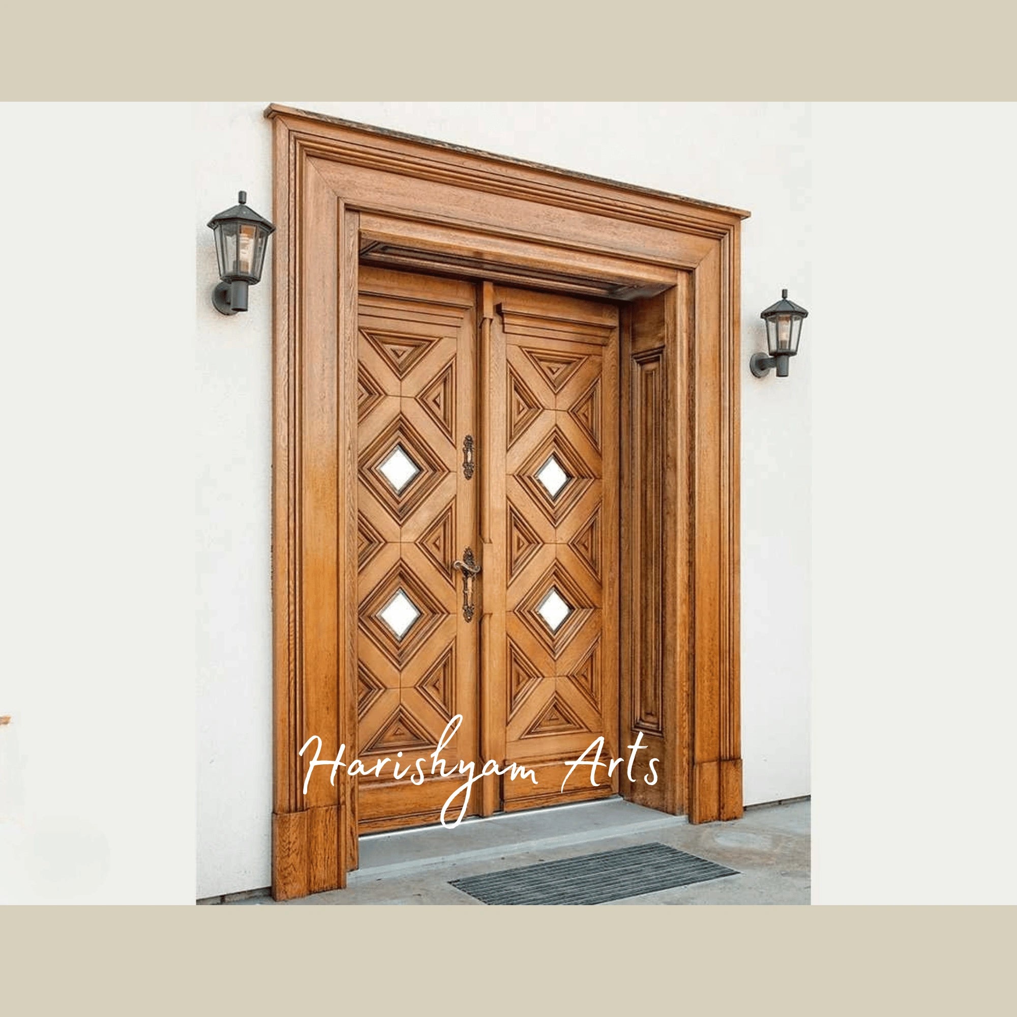 Modern Geometric Teak Double Door – Designer Main Entrance with Diamond Pattern Panels, Contemporary Wooden Front Door2