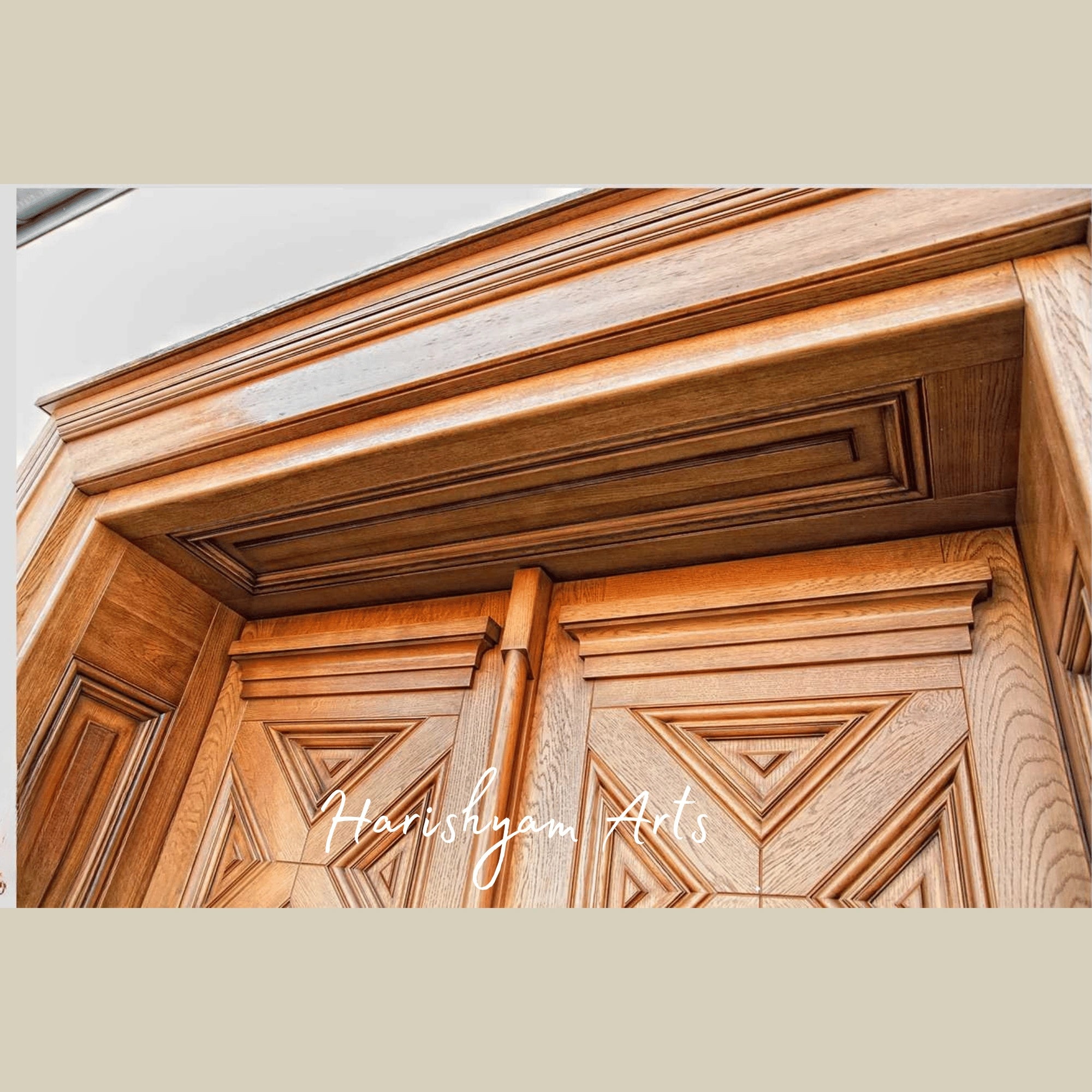 Modern Geometric Teak Double Door – Designer Main Entrance with Diamond Pattern Panels, Contemporary Wooden Front Door3