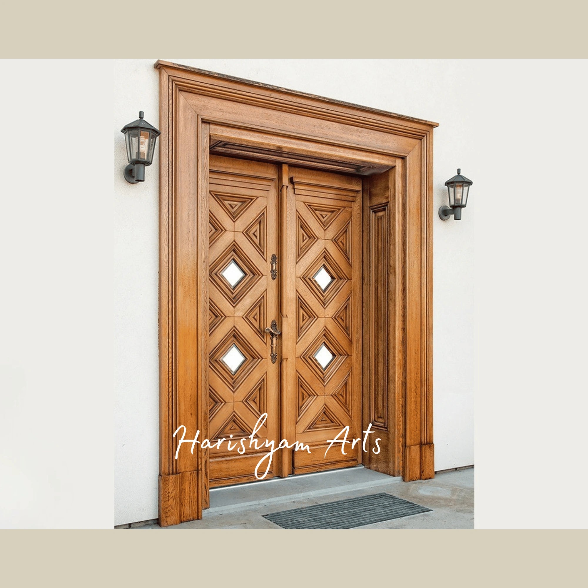 Modern Geometric Teak Double Door – Designer Main Entrance with Diamond Pattern Panels, Contemporary Wooden Front Door4