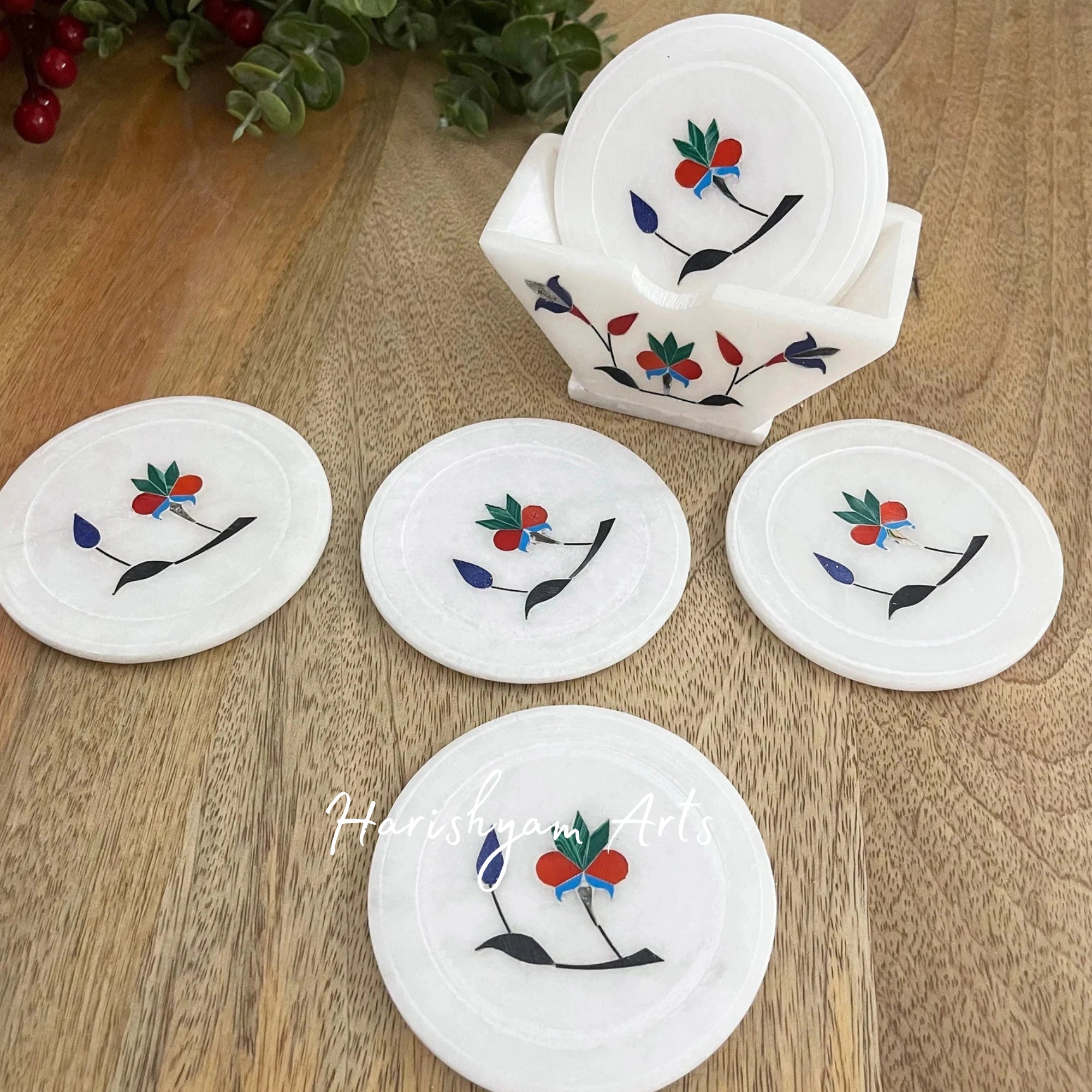 Natural White Square Marble Coasters with Metal Inlay Stylish Coaster Set for Drinks