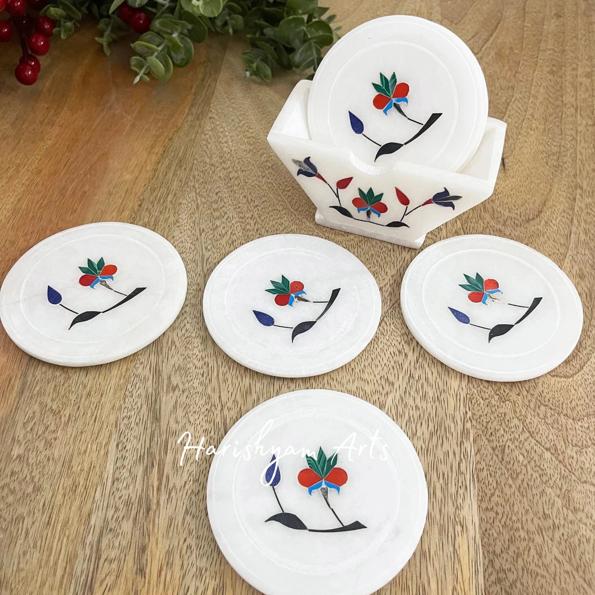 Natural White Square Marble Coasters with Metal Inlay Stylish Coaster Set for Drinks