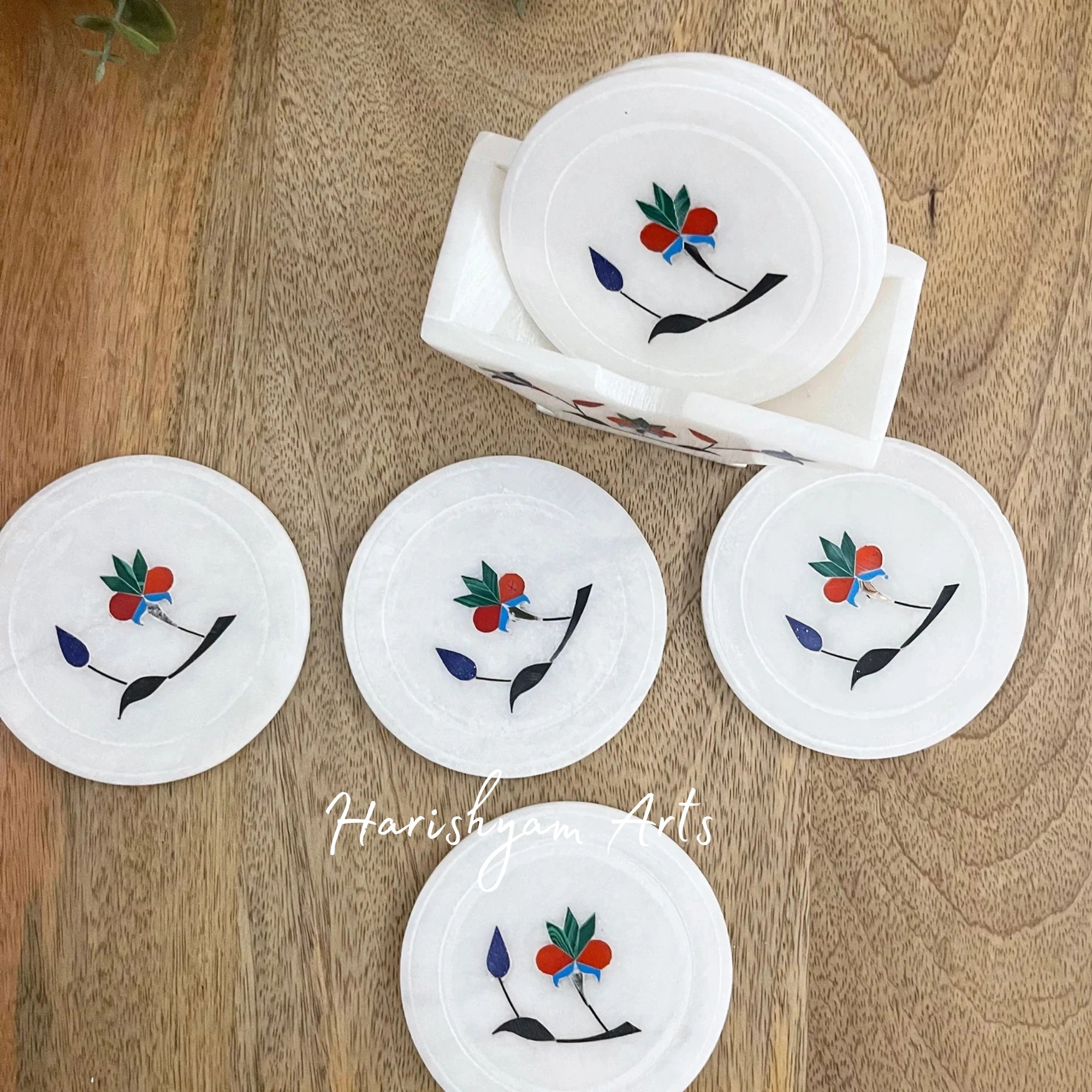 Natural White Square Marble Coasters with Metal Inlay Stylish Coaster Set for Drinks