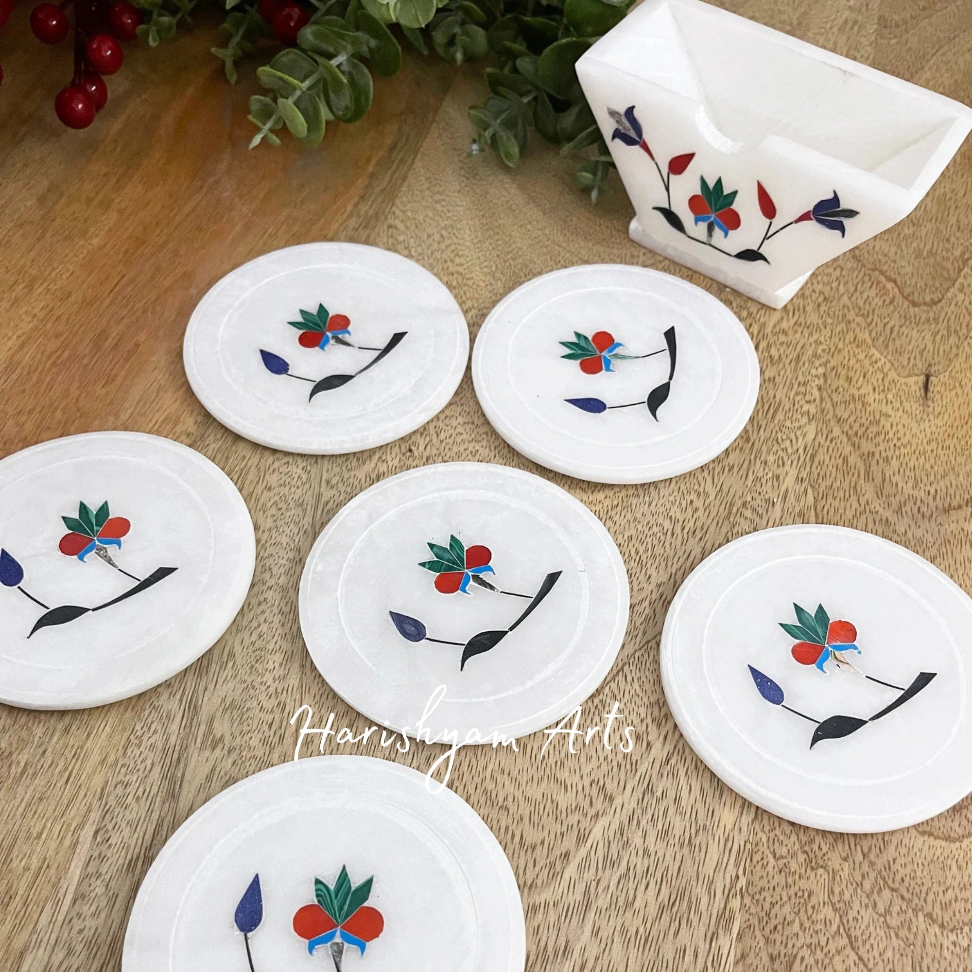 Natural White Square Marble Coasters with Metal Inlay Stylish Coaster Set for Drinks