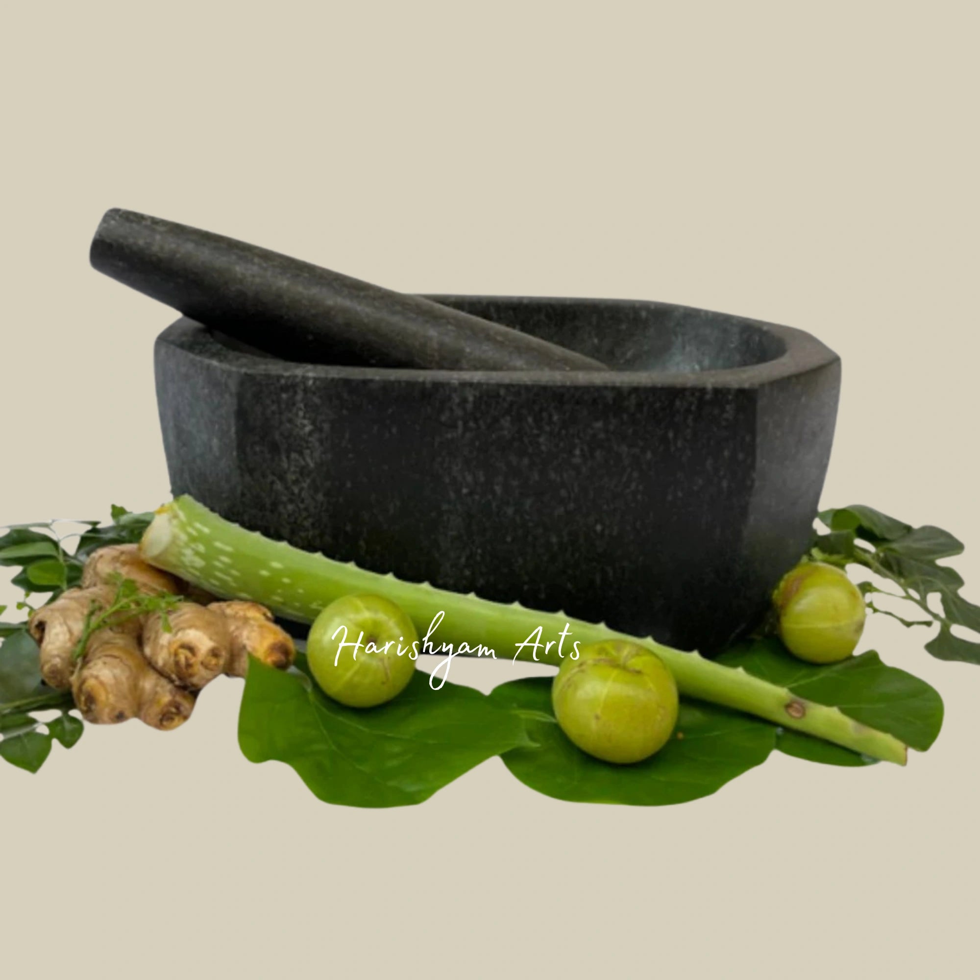 Octagonal Capsule-Shaped Large Stone Mortar & Pestle
