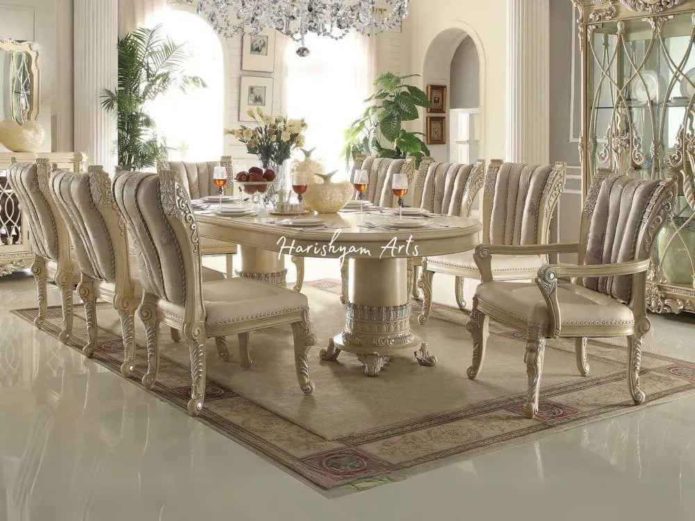 Opulent Cream Pearl Wood Oval Dining Table Set