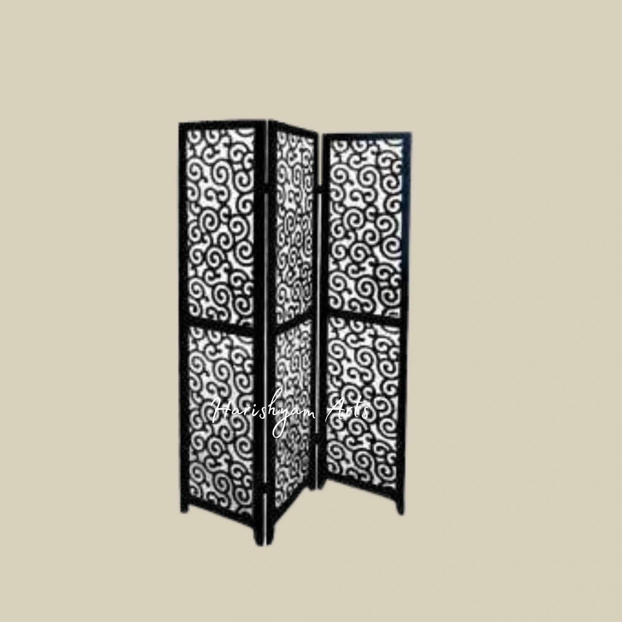 Ornamental Wooden Divider with Indian Temple-Inspired Art