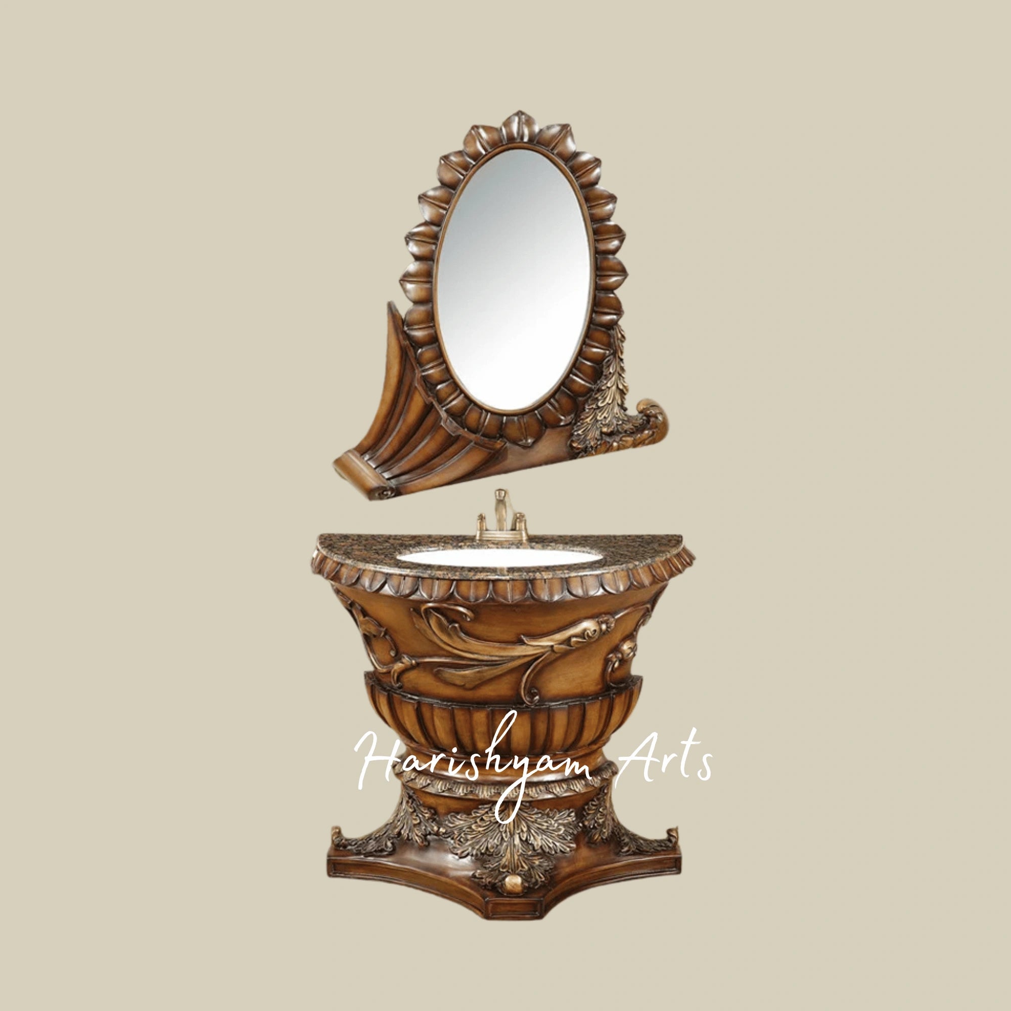 Ornate Oval Mirror Carved Wooden Bathroom Vanity2