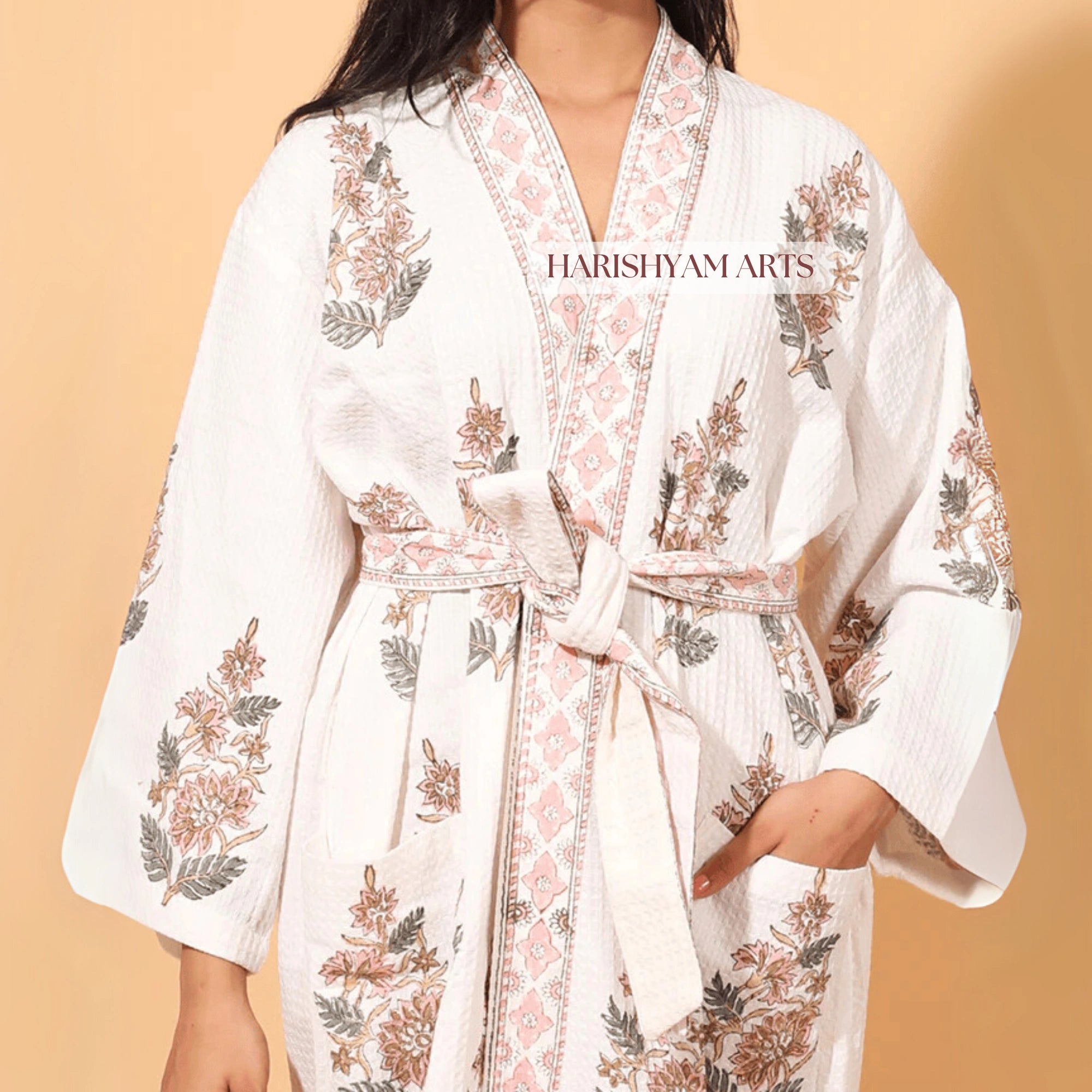 Peach Petal Waffle Indian Block Print Cotton Bathrobe