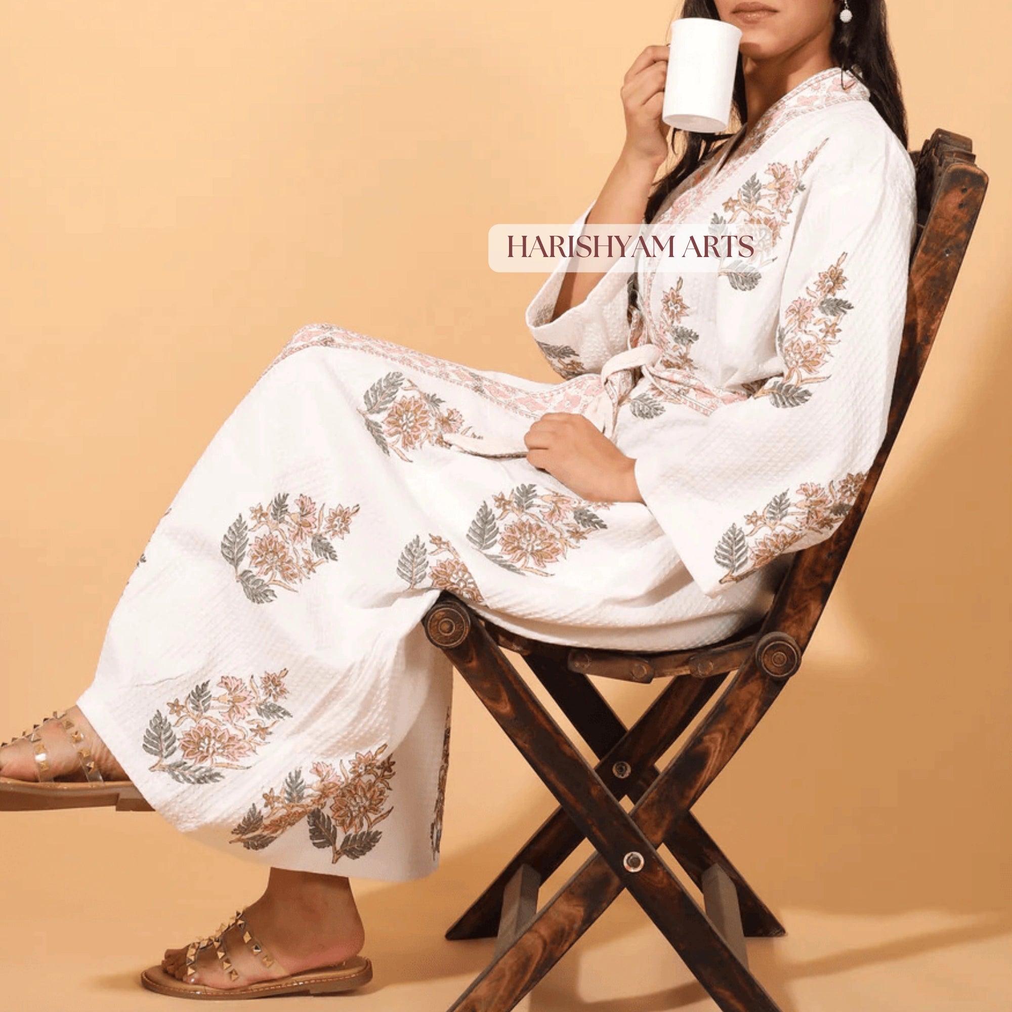Peach Petal Waffle Indian Block Print Cotton Bathrobe