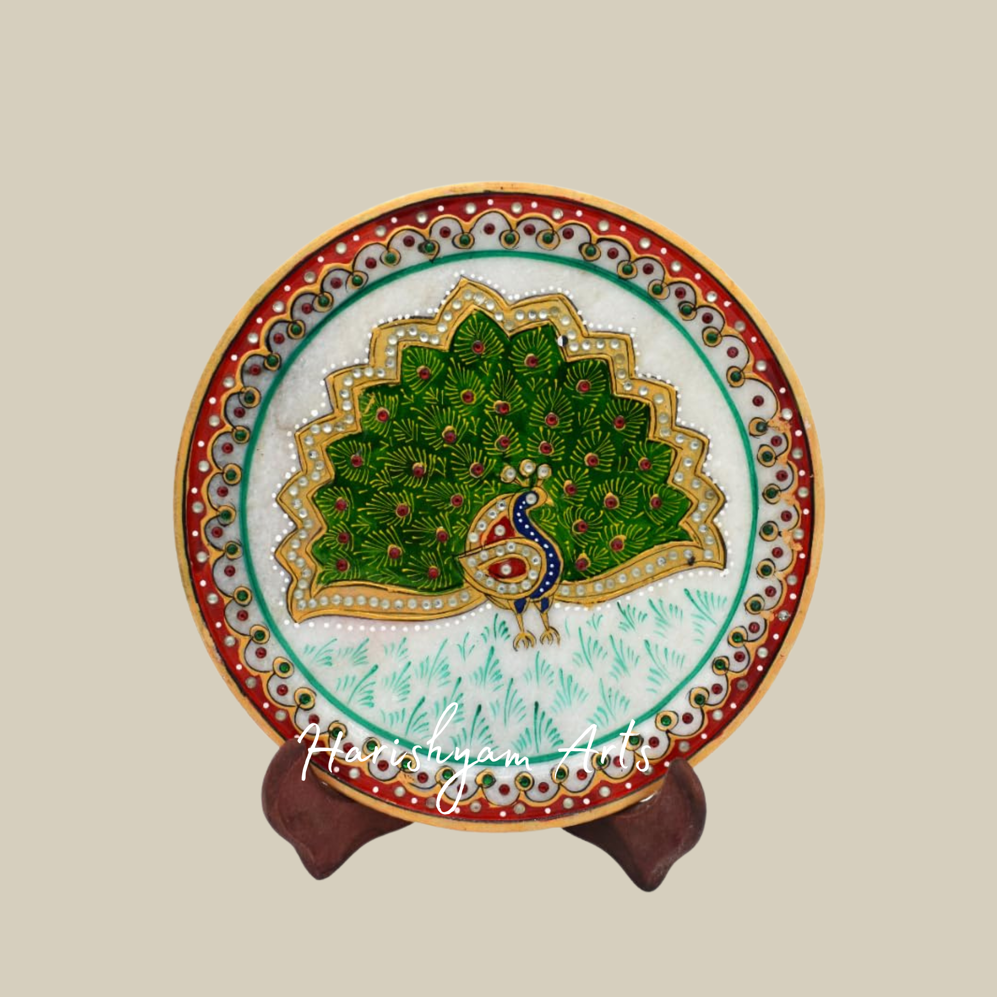 Peacock Design Marble Plate – Ideal for Pooja, Diwali & Festive Decor
