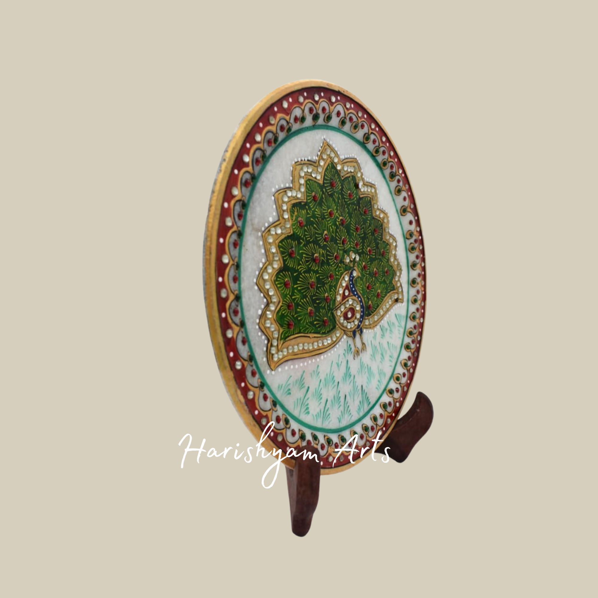 Peacock Design Marble Plate – Ideal for Pooja, Diwali & Festive Decor