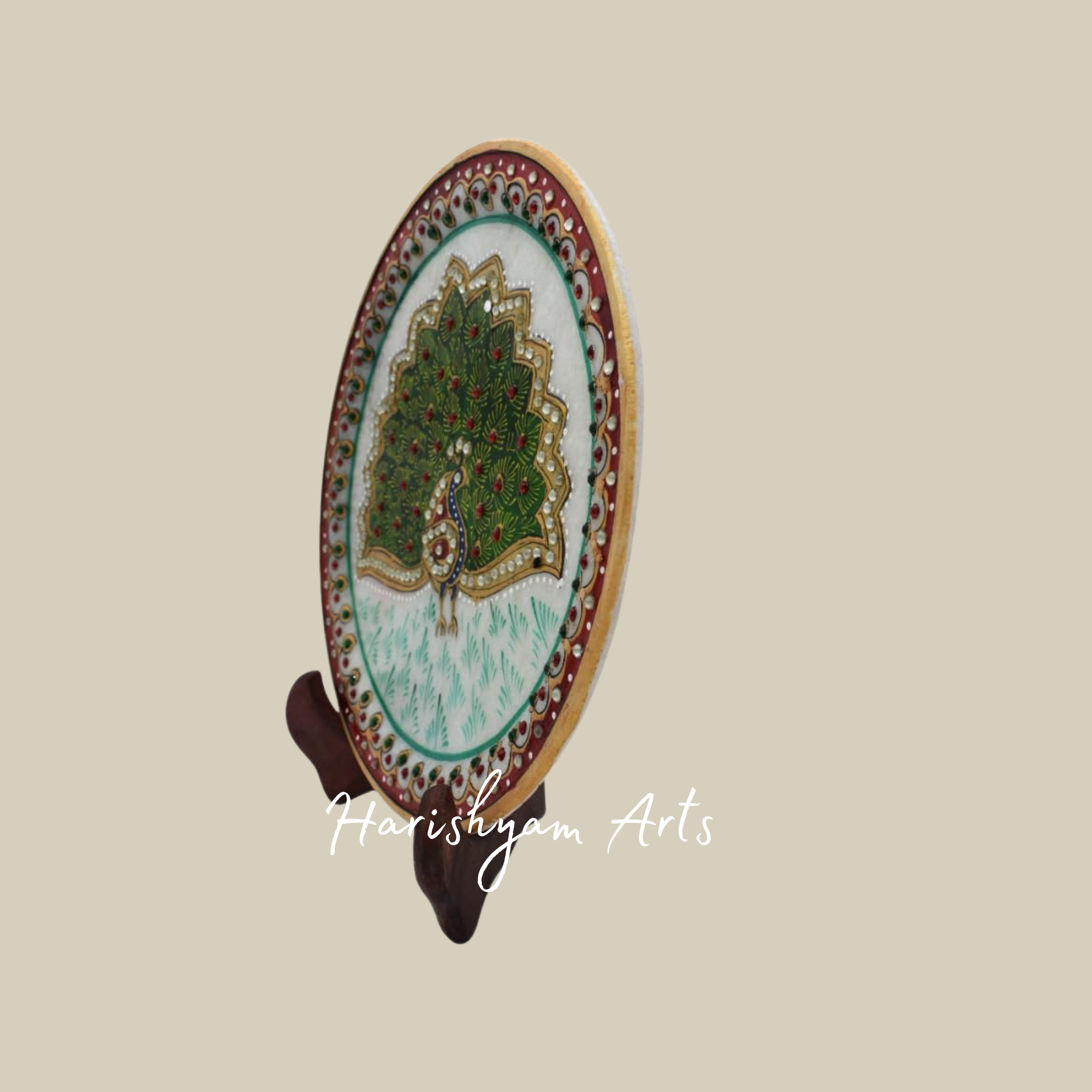 Peacock Design Marble Plate – Ideal for Pooja, Diwali & Festive Decor