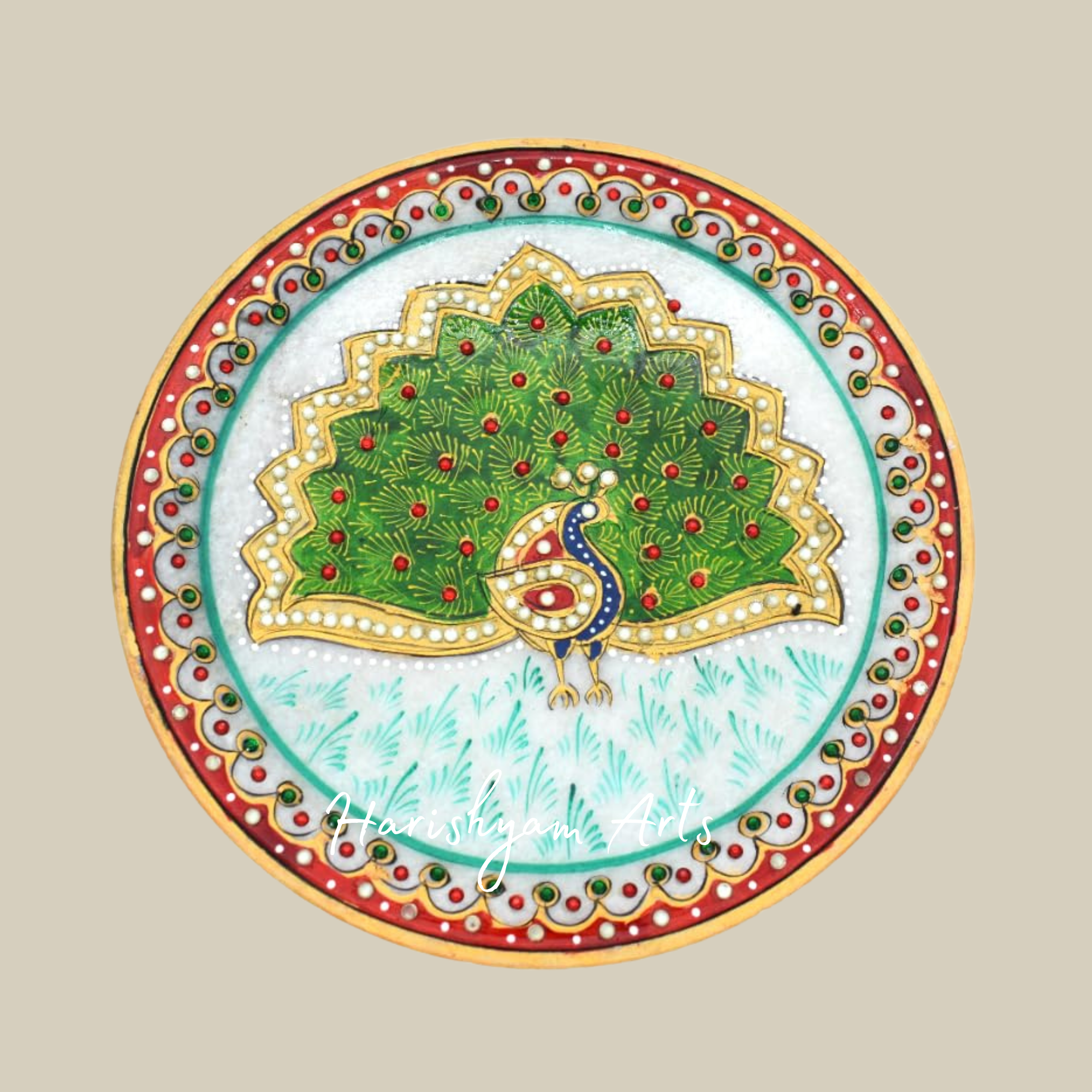 Peacock Design Marble Plate – Ideal for Pooja, Diwali & Festive Decor