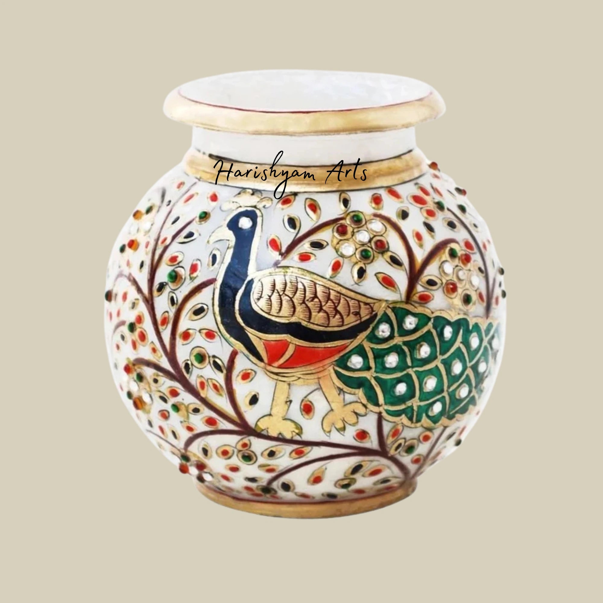 Peacock Design Marble Pot Elegant Handcrafted Décor