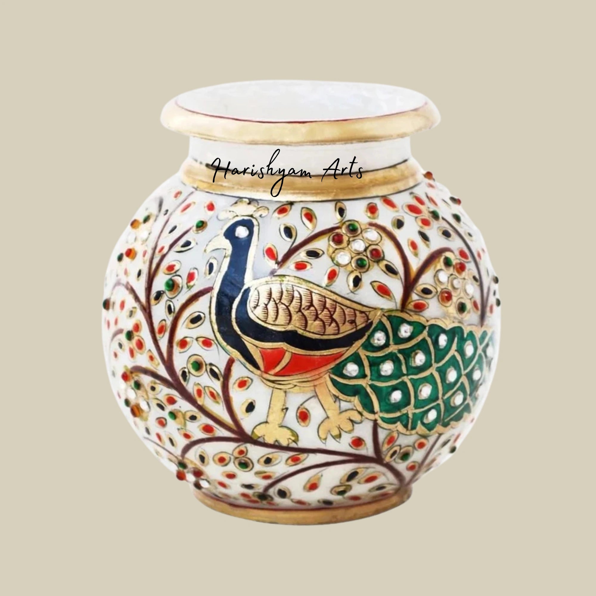 Peacock Design Marble Pot Elegant Handcrafted Décor