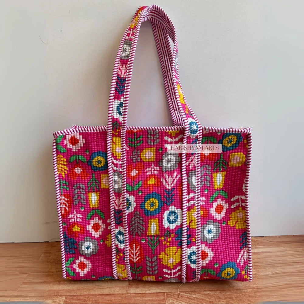 Pink Boho Bloom Quilted Tote Bag