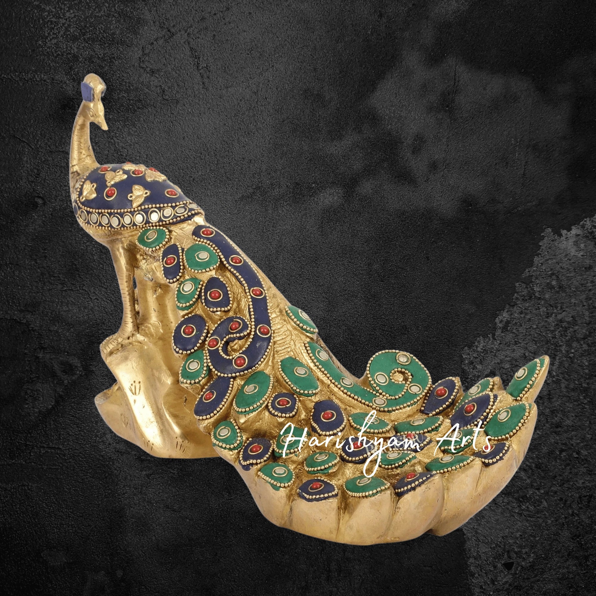 Premium Brass Peacock Showpiece with Fine Artisan Stonework
