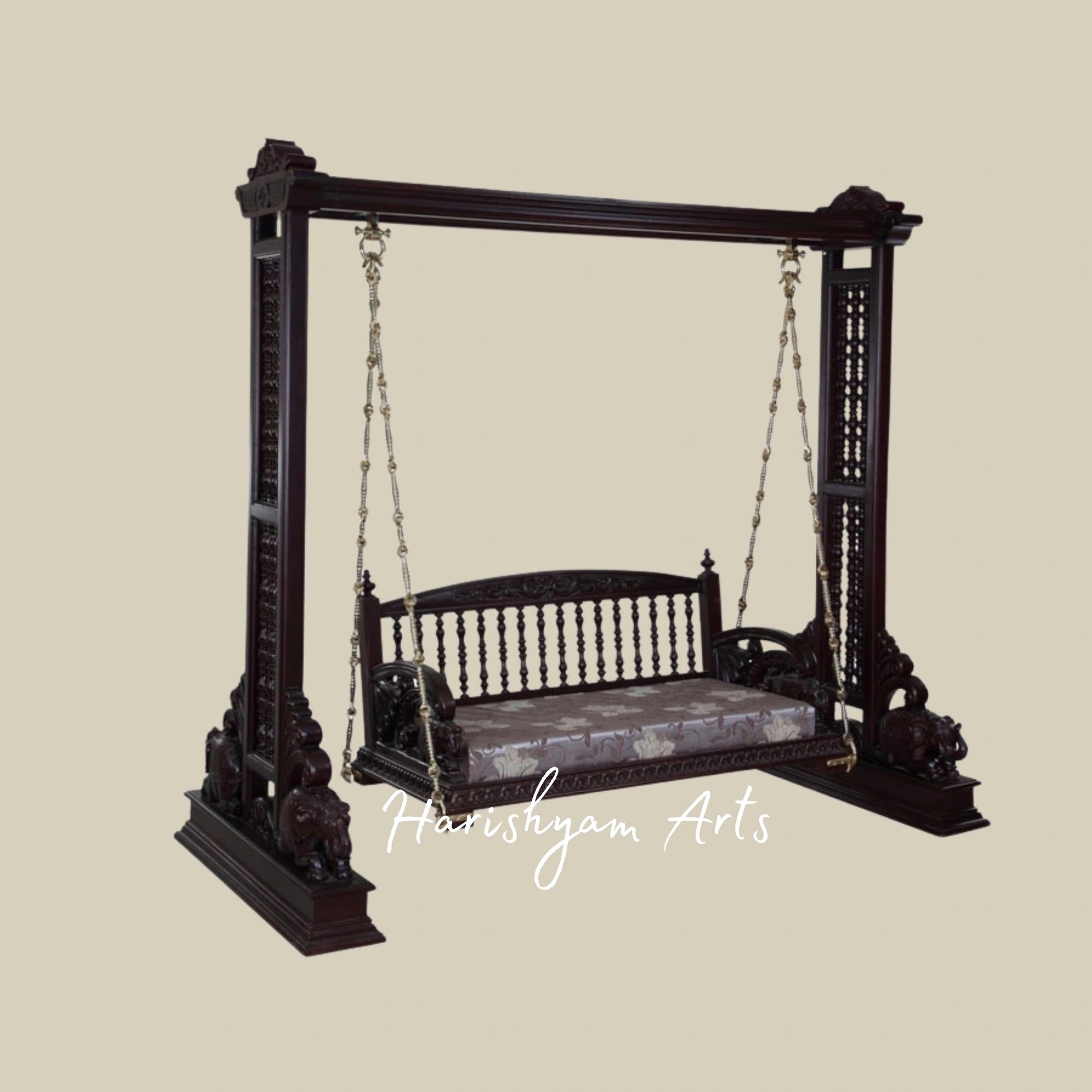 Premium Dark Teak Wood Jhula Swing with Elephant Carvings