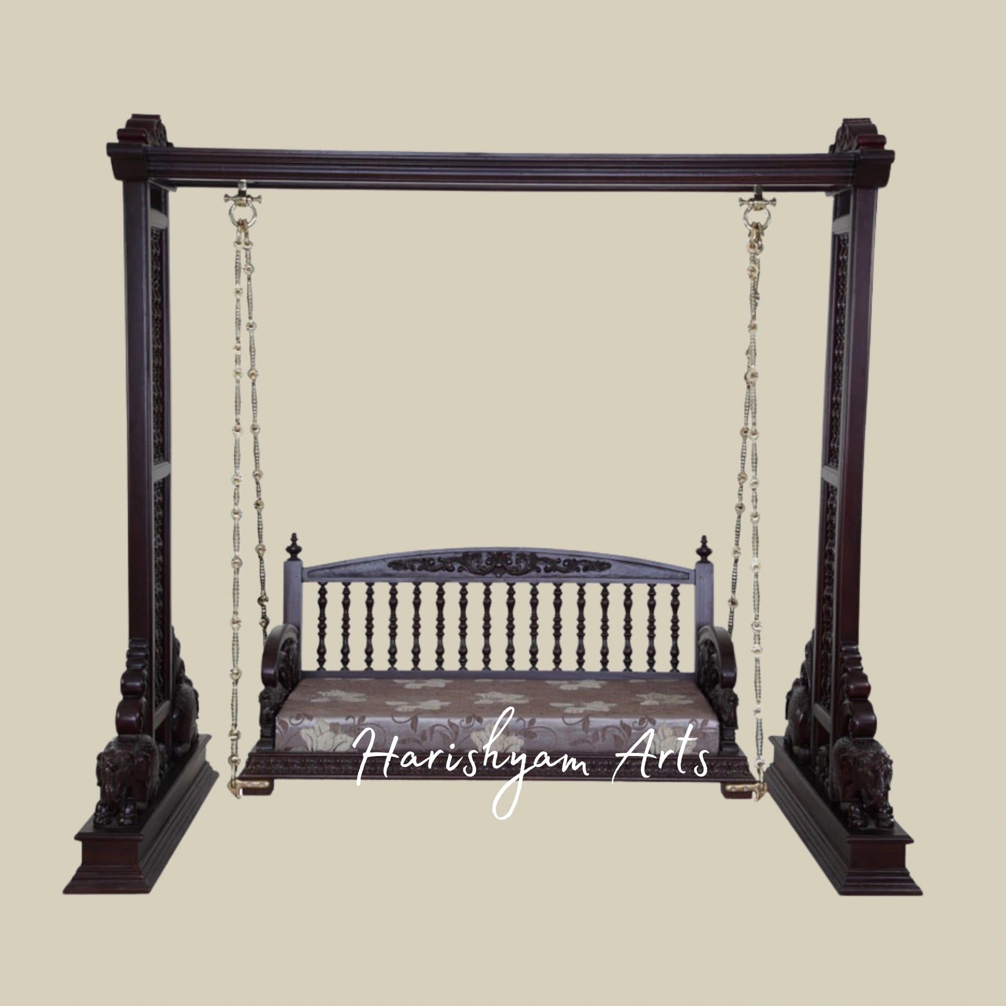 Premium Dark Teak Wood Jhula Swing with Elephant Carvings