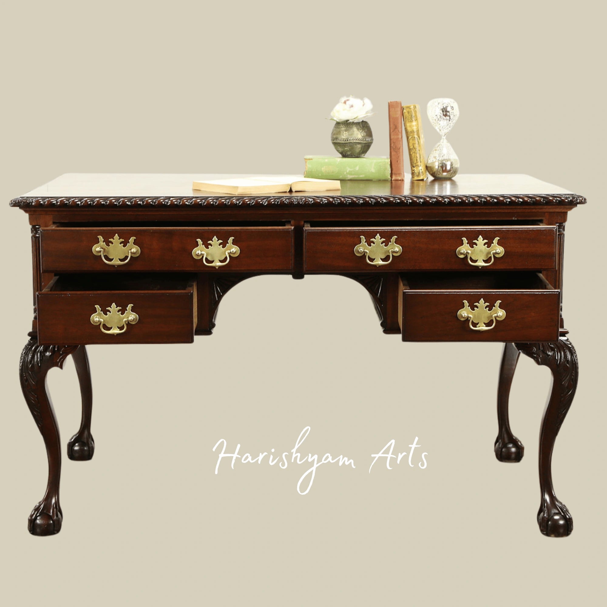Premium Vintage Wooden Office Writing Desk with Handcrafted Detailing, Brass Pulls and Antique Finish2