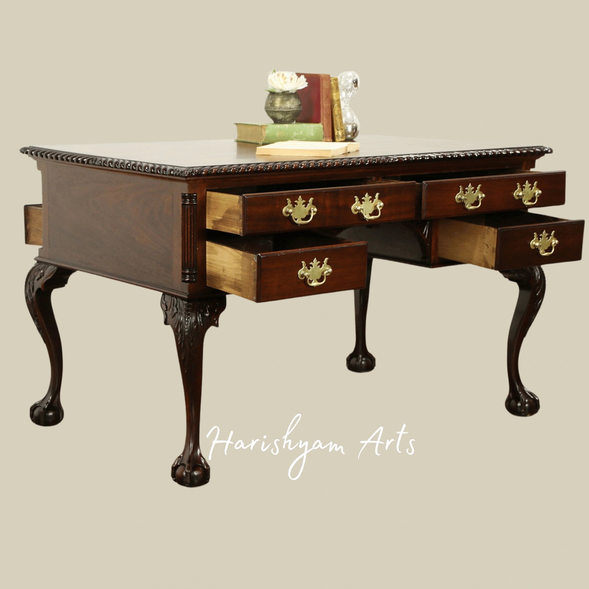 Premium Vintage Wooden Office Writing Desk with Handcrafted Detailing, Brass Pulls and Antique Finish3