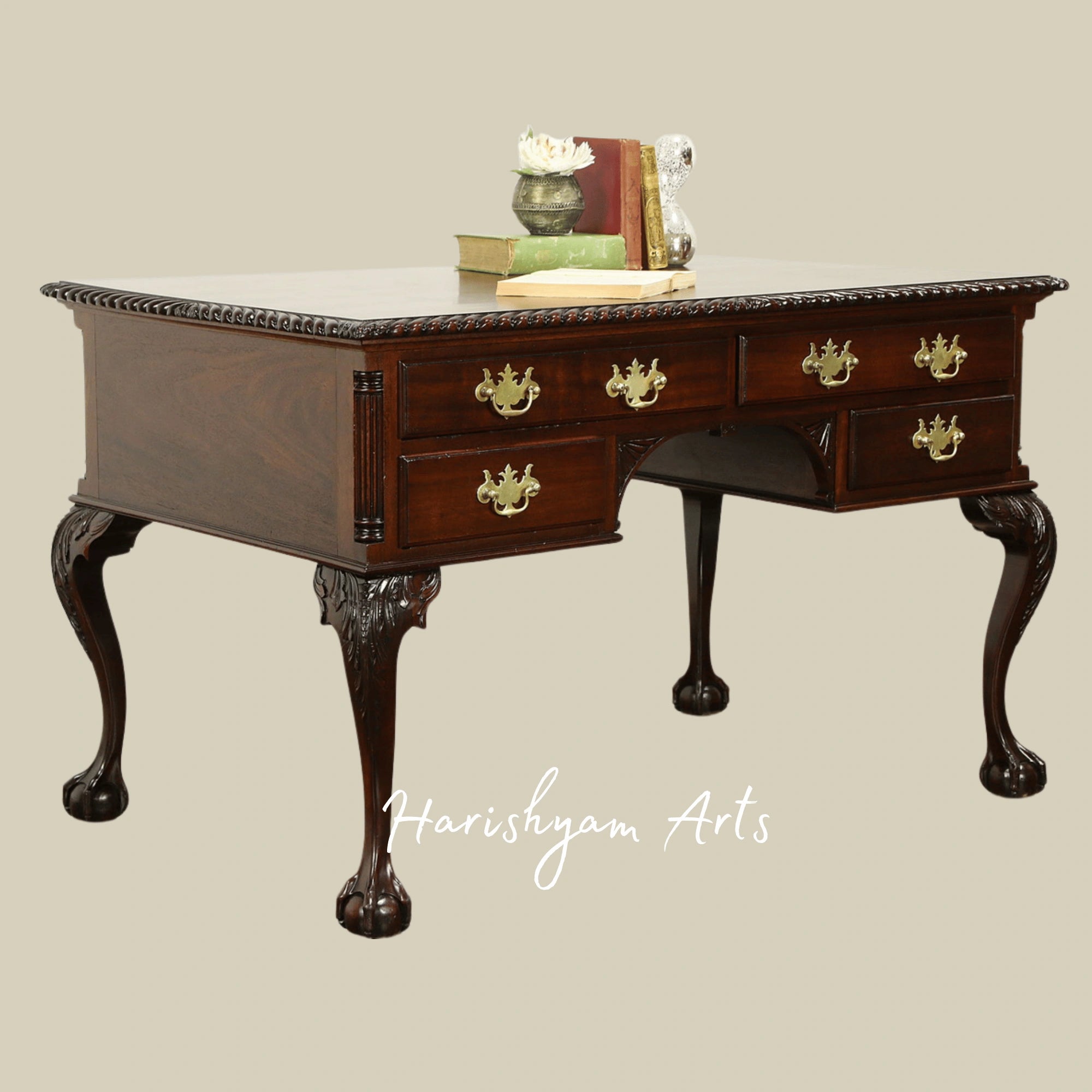 Premium Vintage Wooden Office Writing Desk with Handcrafted Detailing, Brass Pulls and Antique Finish