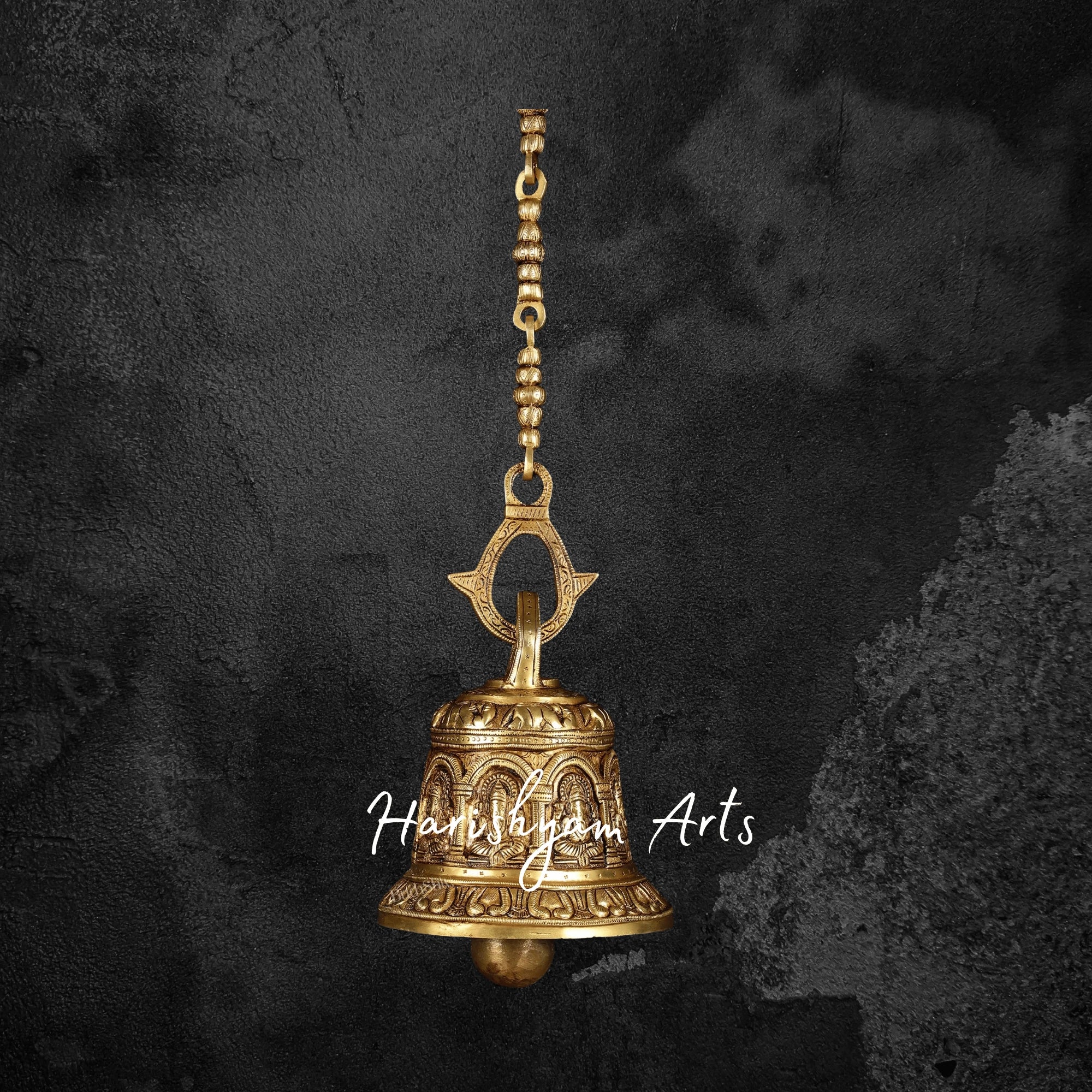 Pure Brass Heavy Hanging Temple Bell with Ganesha Carvings