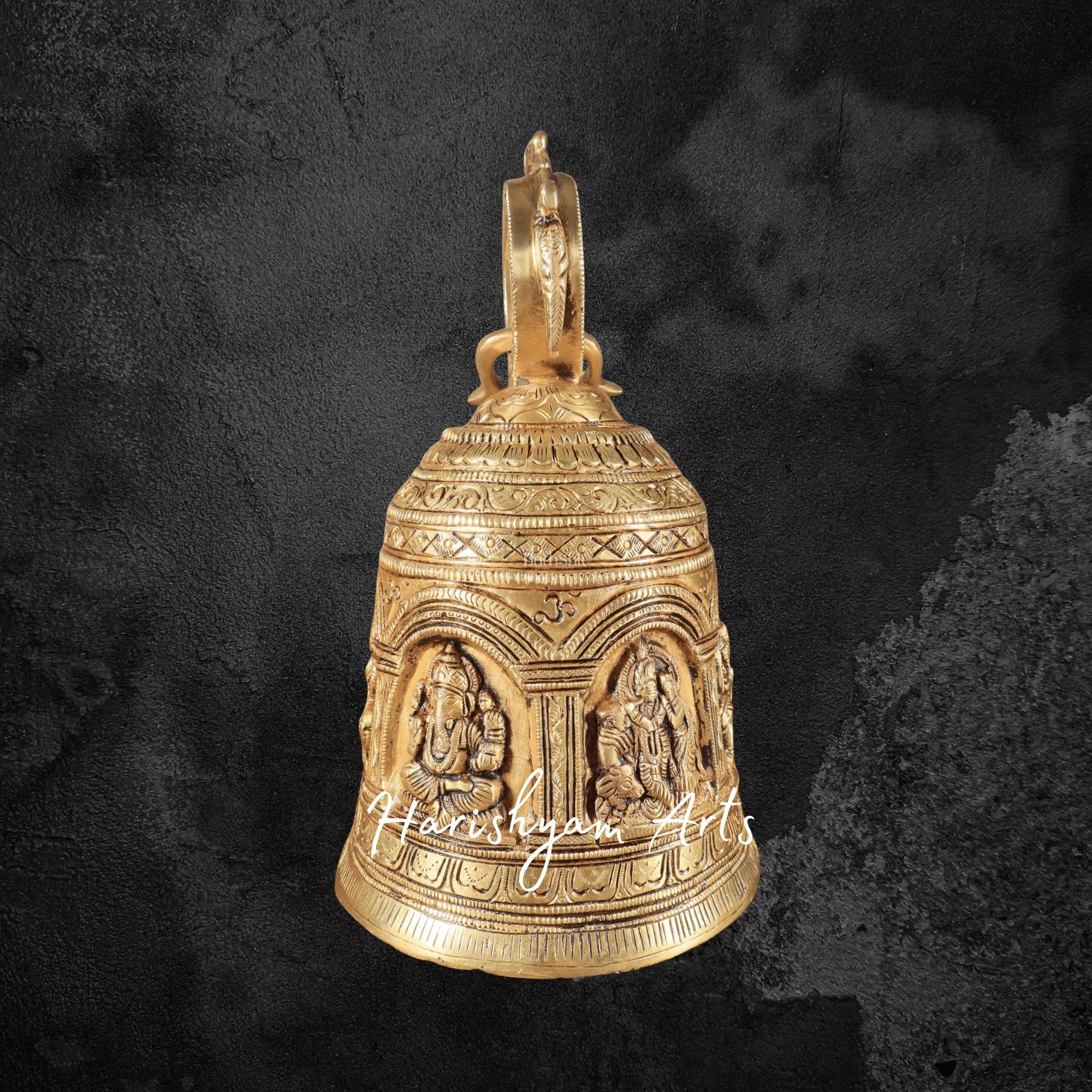 Pure Brass Temple Bell with Hindu Deity Carvings and Sturdy Chain