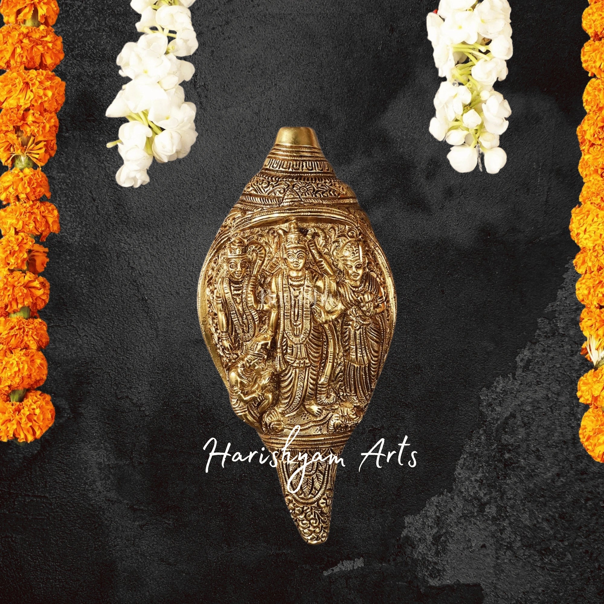 Ram Darbar Brass Conch with Detailed Carvings for Worship