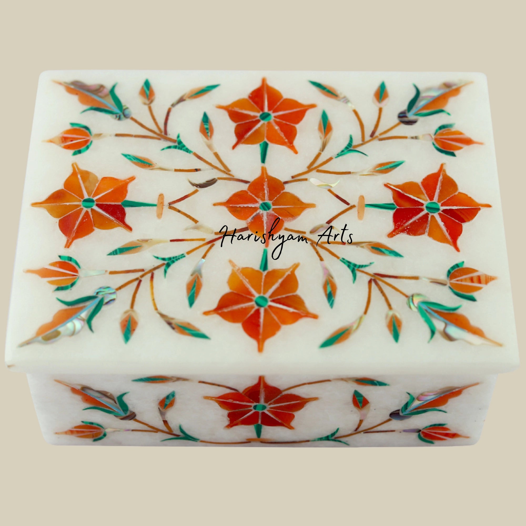 Rectangular Marble Stone Storage Box with Carnelian Gemstone Inlay2