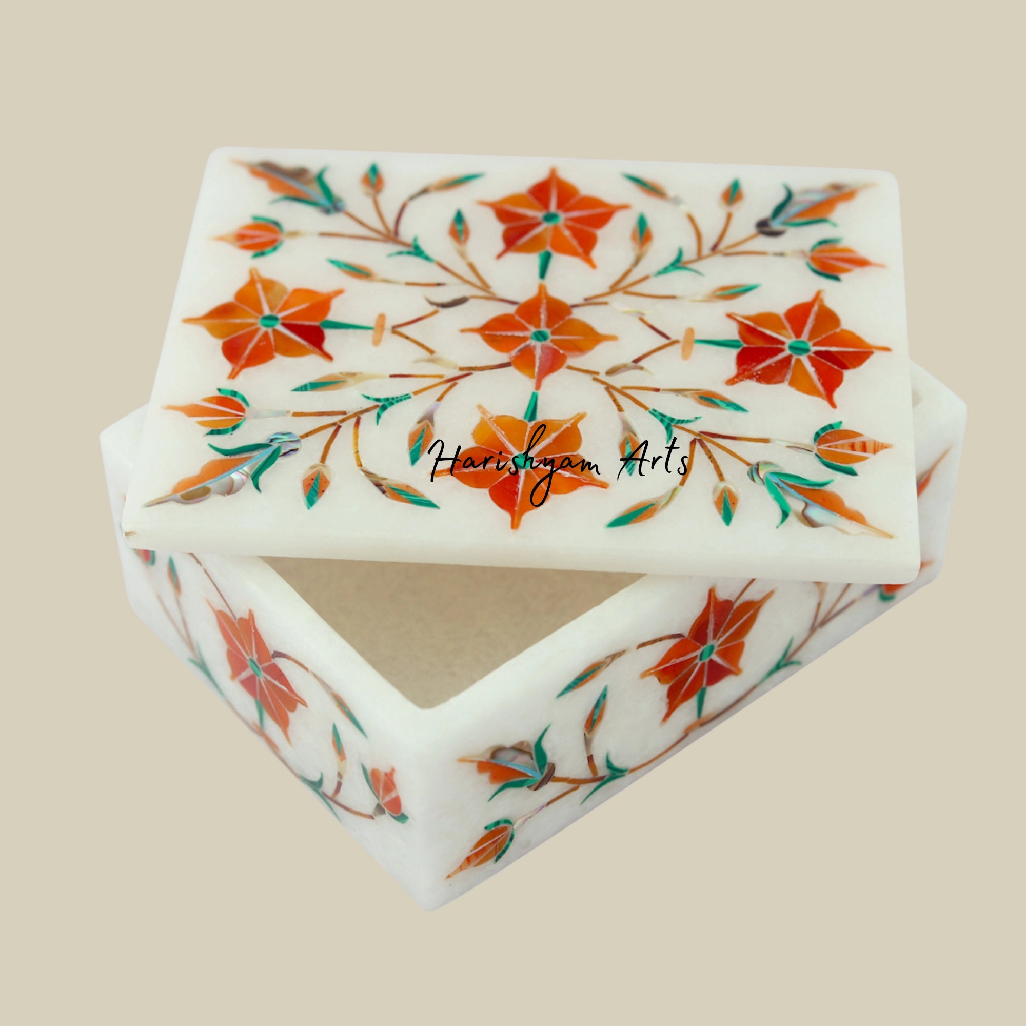 Rectangular Marble Stone Storage Box with Carnelian Gemstone Inlay3