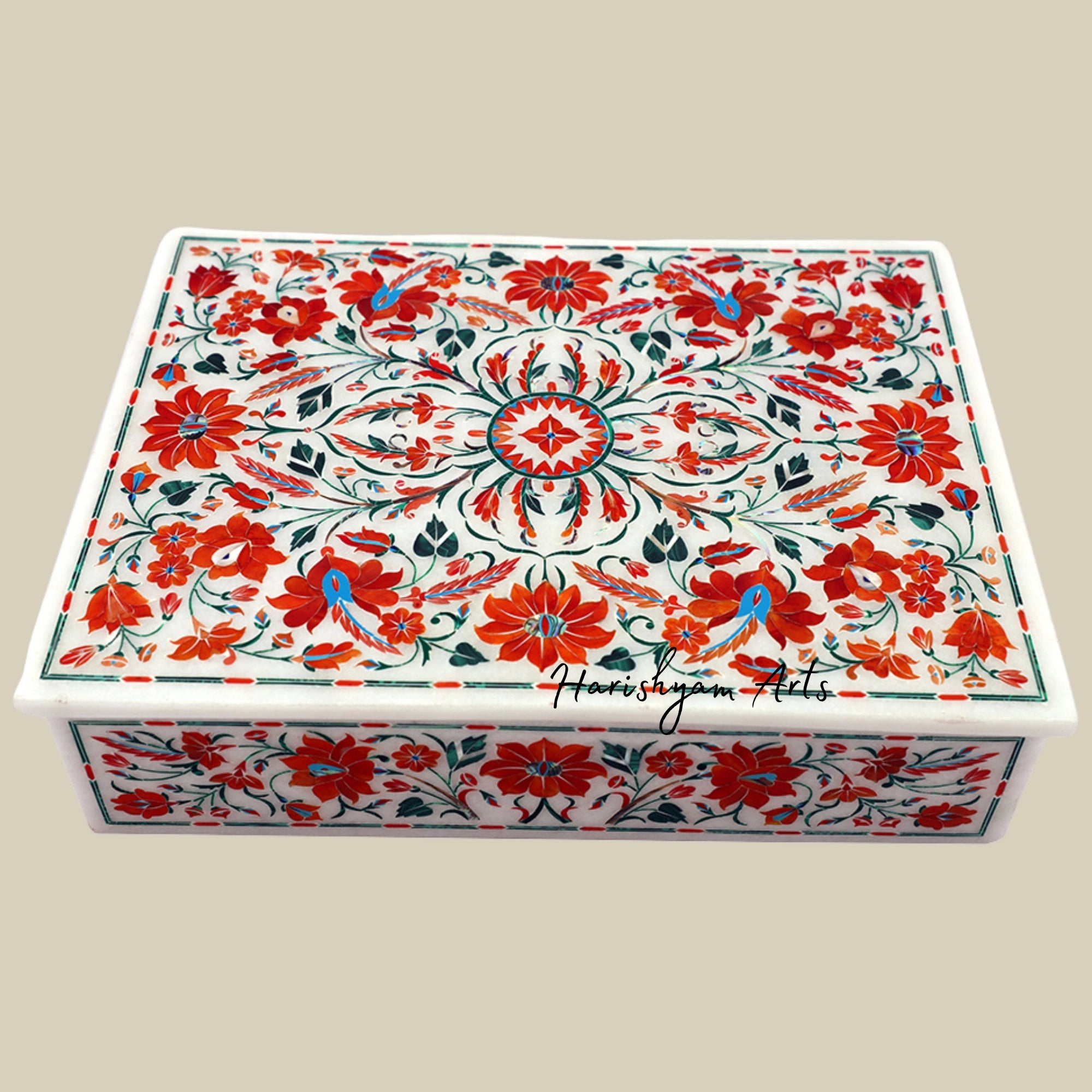 Rectangular White Marble Jewelry Box Inlaid with Carnelian for Elegant Storage