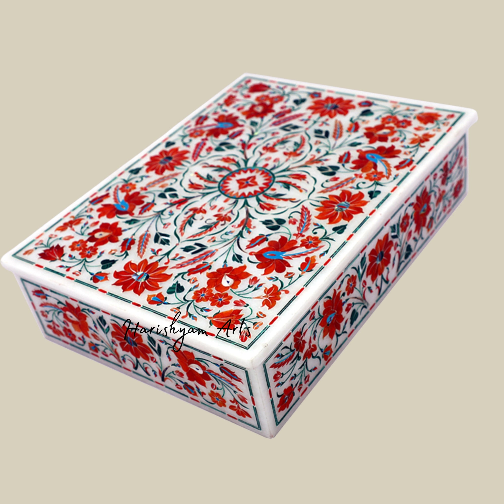 Rectangular White Marble Jewelry Box Inlaid with Carnelian for Elegant Storage2