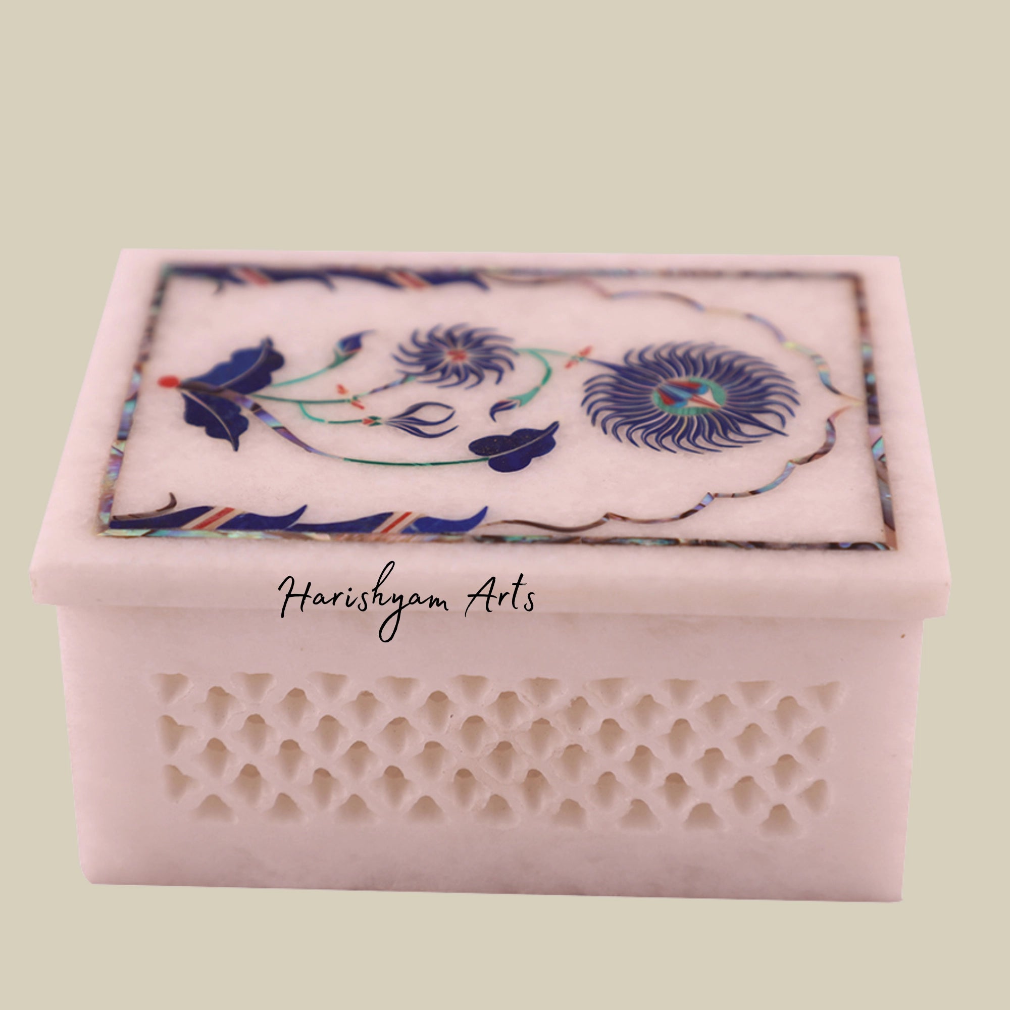 Rectangular White Marble Jewelry Box with Lattice Inlay Design2