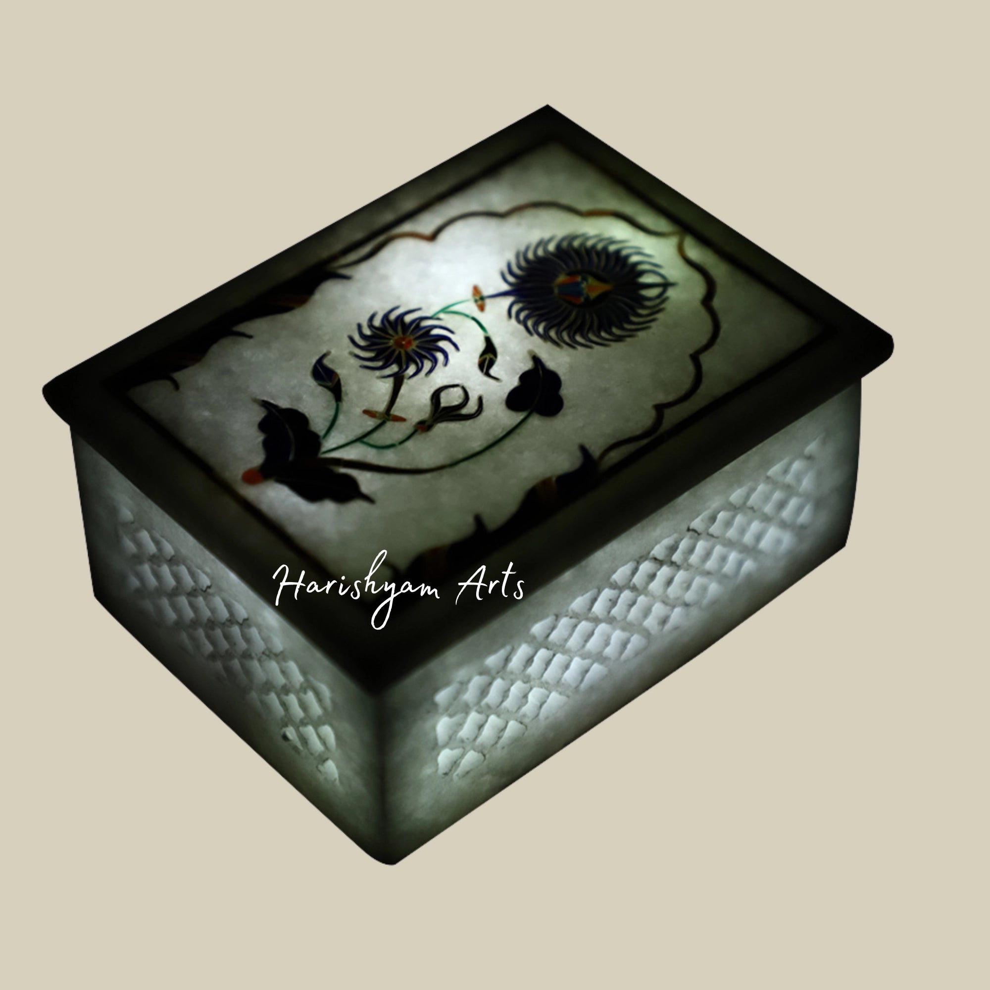 Rectangular White Marble Jewelry Box with Lattice Inlay Design3